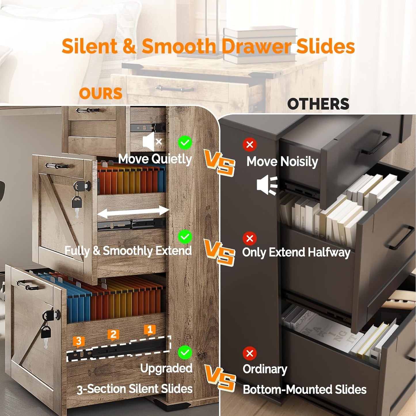 VINGLI 3 Drawer File Cabinet with Lock, Home Office Filing Organizer, for Letter Size File Folder Storage, Modern Farmhouse Style, Wood Vertical Filing Cabinet, Archivador (Rustic Gray)