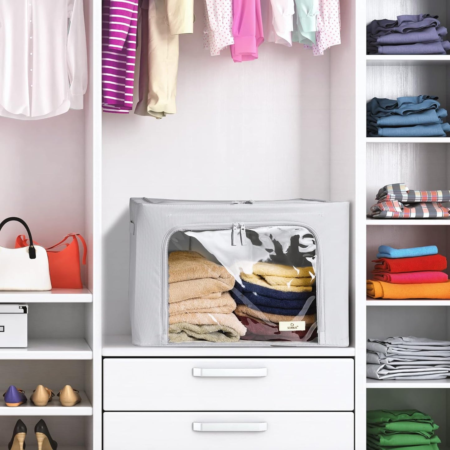 Sorbus Storage Bins with Metal Frame - Stackable & Foldable Clothes Organizer Bags - Oxford Fabric Storage Containers with Large Clear Window & Carry Handles Organization for Bedding Linen & Clothing