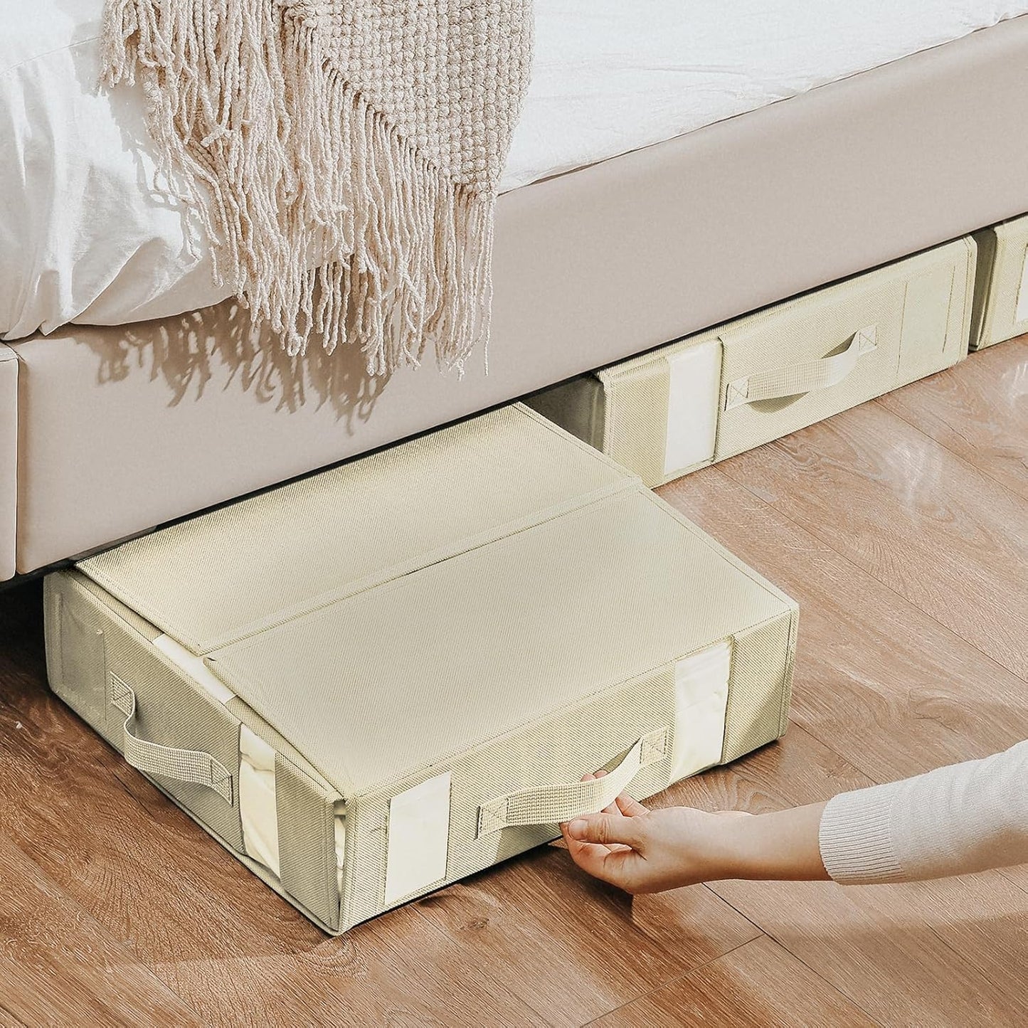 DIMJ Bed Sheet Organizers and Storage 8 Pack - Foldable Sheet Organizer for Linen Closet, Bedding Storage Box for organization, Sheets Set Folder Keeper with Window(King & Queen Size), Beige