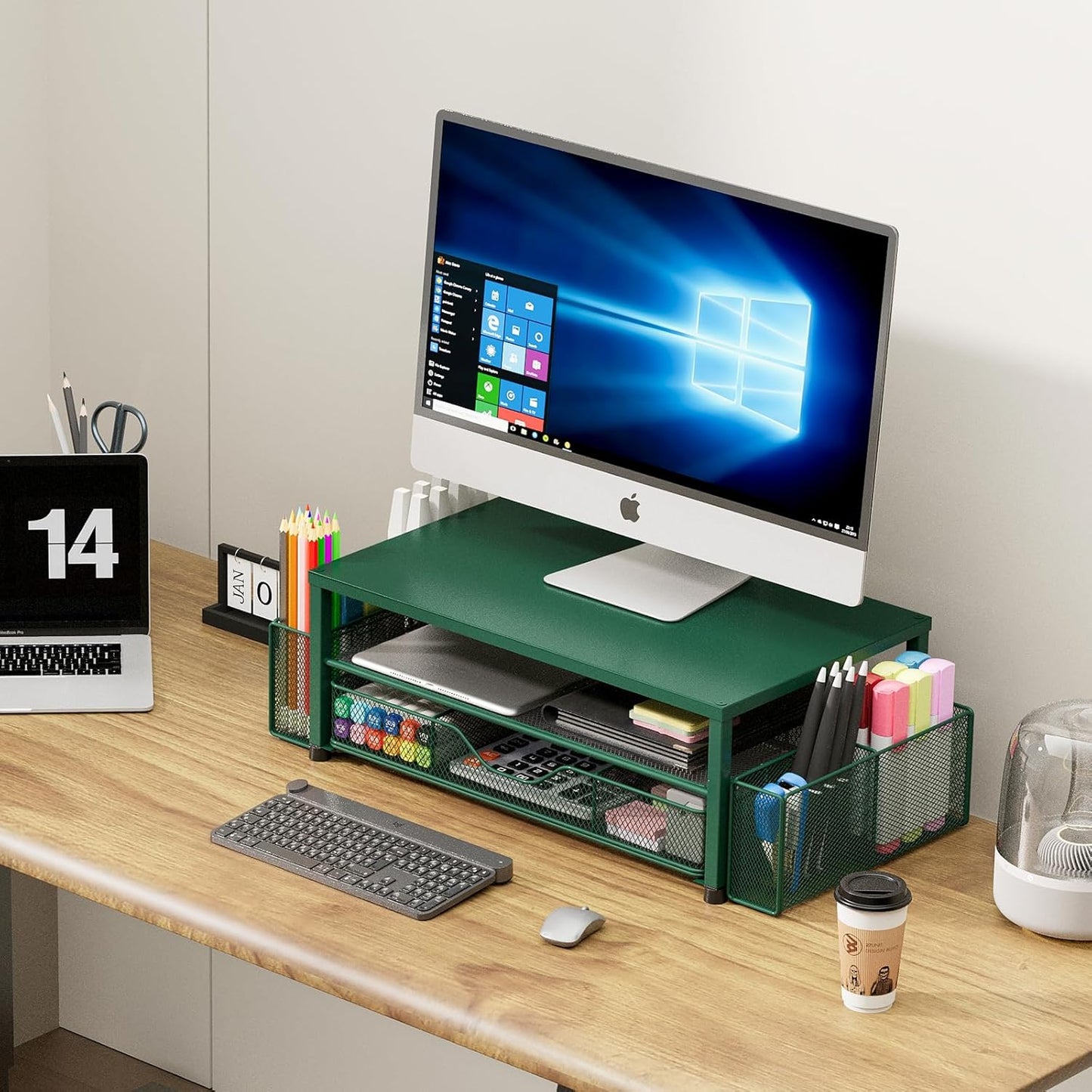Desk Organizers and Accessories, 2-Tier Computer Monitor Stand Riser with Drawer and 2 Pen Holders, Laptop Stand, Office Desk Accessories for Office Supplies, Dark Green