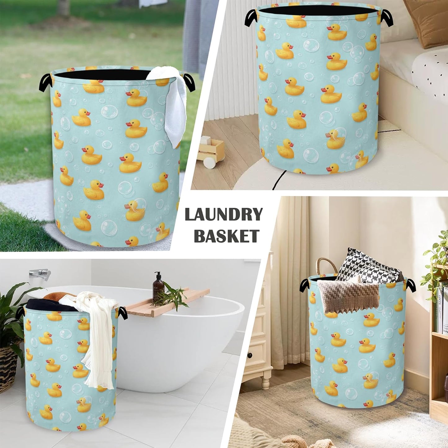 Cute Duck Laundry Basket,Foldable with Handles Tote Bag Oxford Cloth for Bathroom Bedroom Dirty Clothes Storage Bucket 16" x 20.8"
