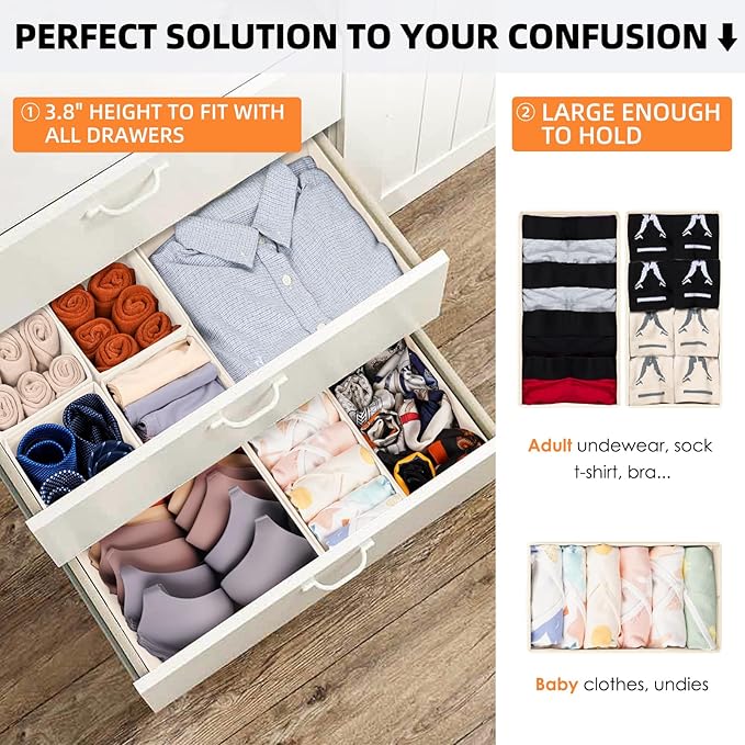 Criusia Closet Drawer Organizer Clothes, 15 Pack Dresser Organizer for Baby Clothes, Fabric Drawer Dividers for Nursery Bedroom (Beige)