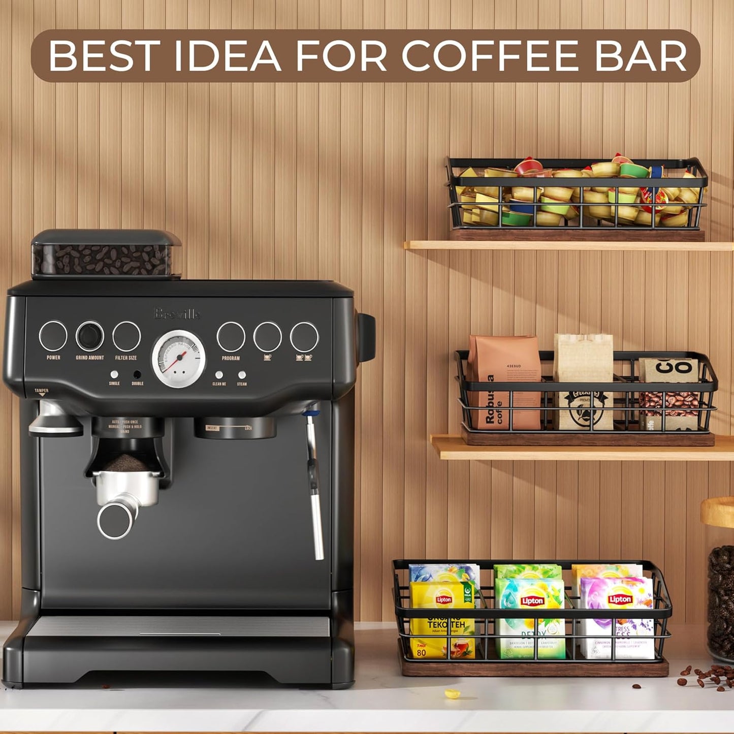 Tea Bag Organizer, Tea Bag Holder Storage with 6 Slots Iron Wire Basket with Wooden Base, Tea Bar Accessories for Countertop Cabinet Drawer, Tea Station for Coffee Capsules Creamer Sweetener Sugar