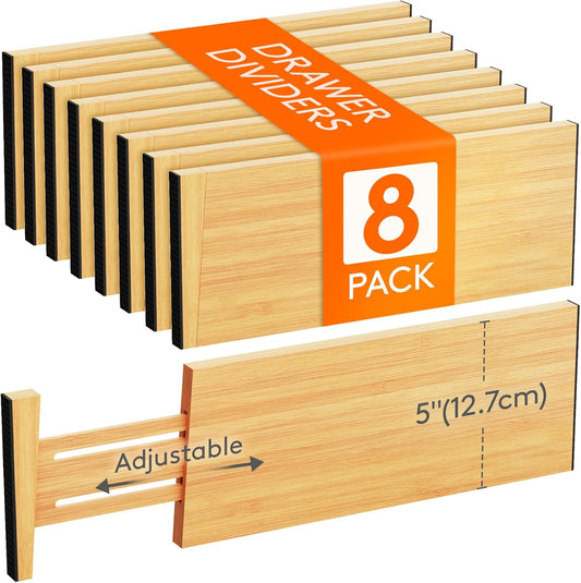 Lifewit 8 Pack 5" Deep Bamboo Drawer Dividers, 13-16.5" Expandable Drawer Organizers for Clothes, Adjustable Dresser Drawer Divider, Clothing Drawer Separators for Dresser, Bedroom, Bathroom, Kitchen