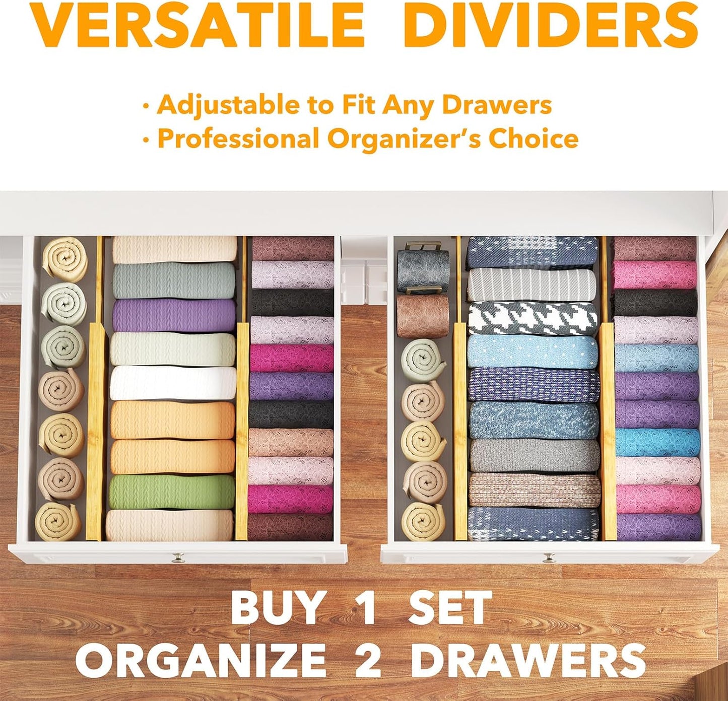 SpaceAid Bamboo 4 Pack Dresser Drawer Dividers, 4.65“ High Adjustable 12.5“-17” Drawer Organizers, Expandable Organization for Clothing, Clothes, Dressers, Natural