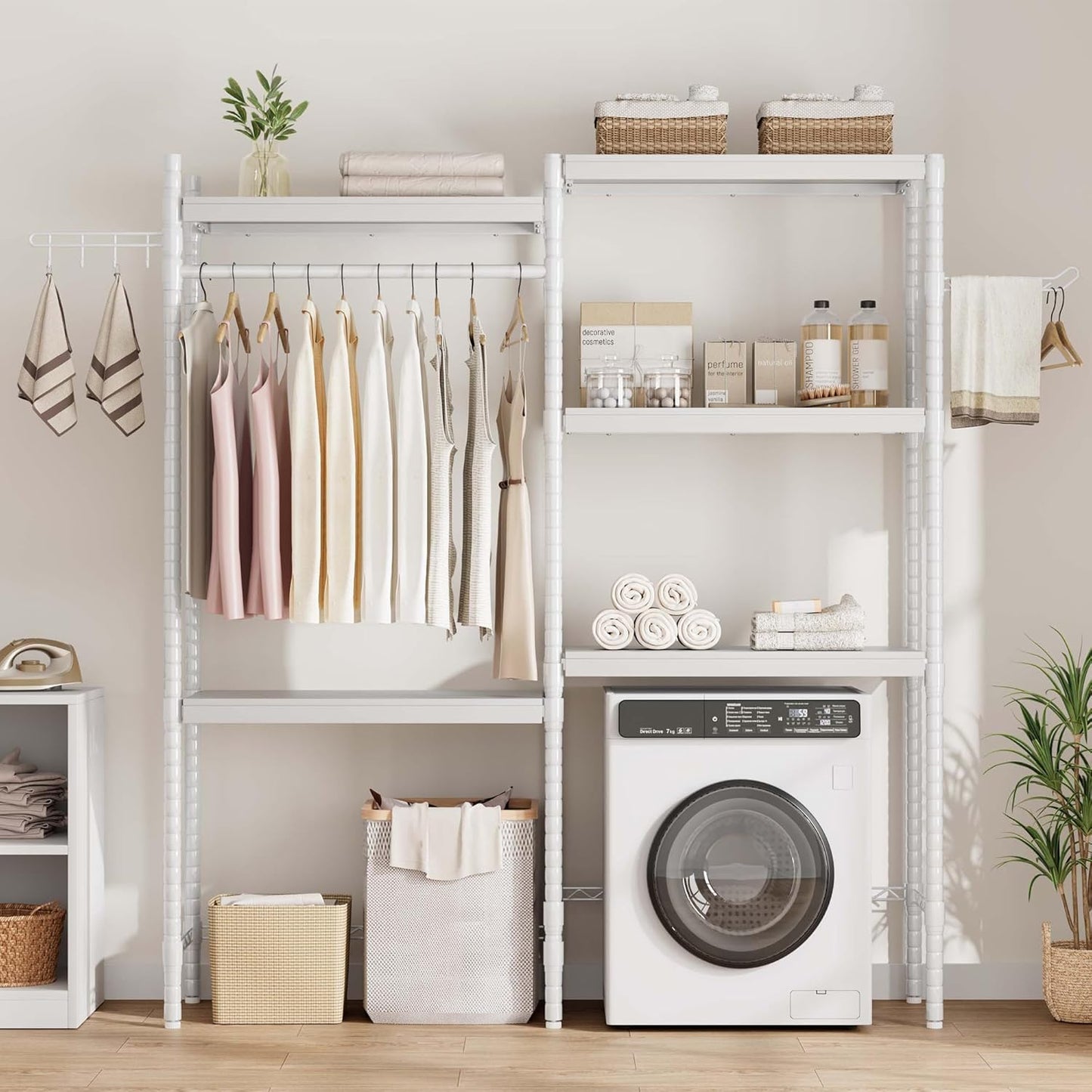 Garvee 28 in Over-The-Toilet/Washer Shelf – 5-Tier Laundry Organizer with Double-Layer Wood Shelves (100 LB Capacity), Adjustable Height Storage for Small Spaces (White)