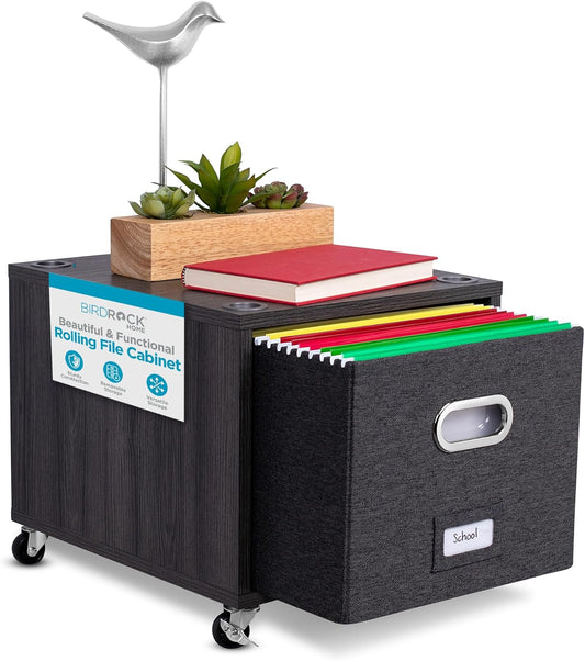 BIRDROCK HOME Rolling File Cabinet – Decorative Storage Shelf w/Removable Bins, Handles, and Wheels – Organize Files, Books, Toys, Under Desk Office Solution, Modern Design - 1 Lateral Drawer, Gray