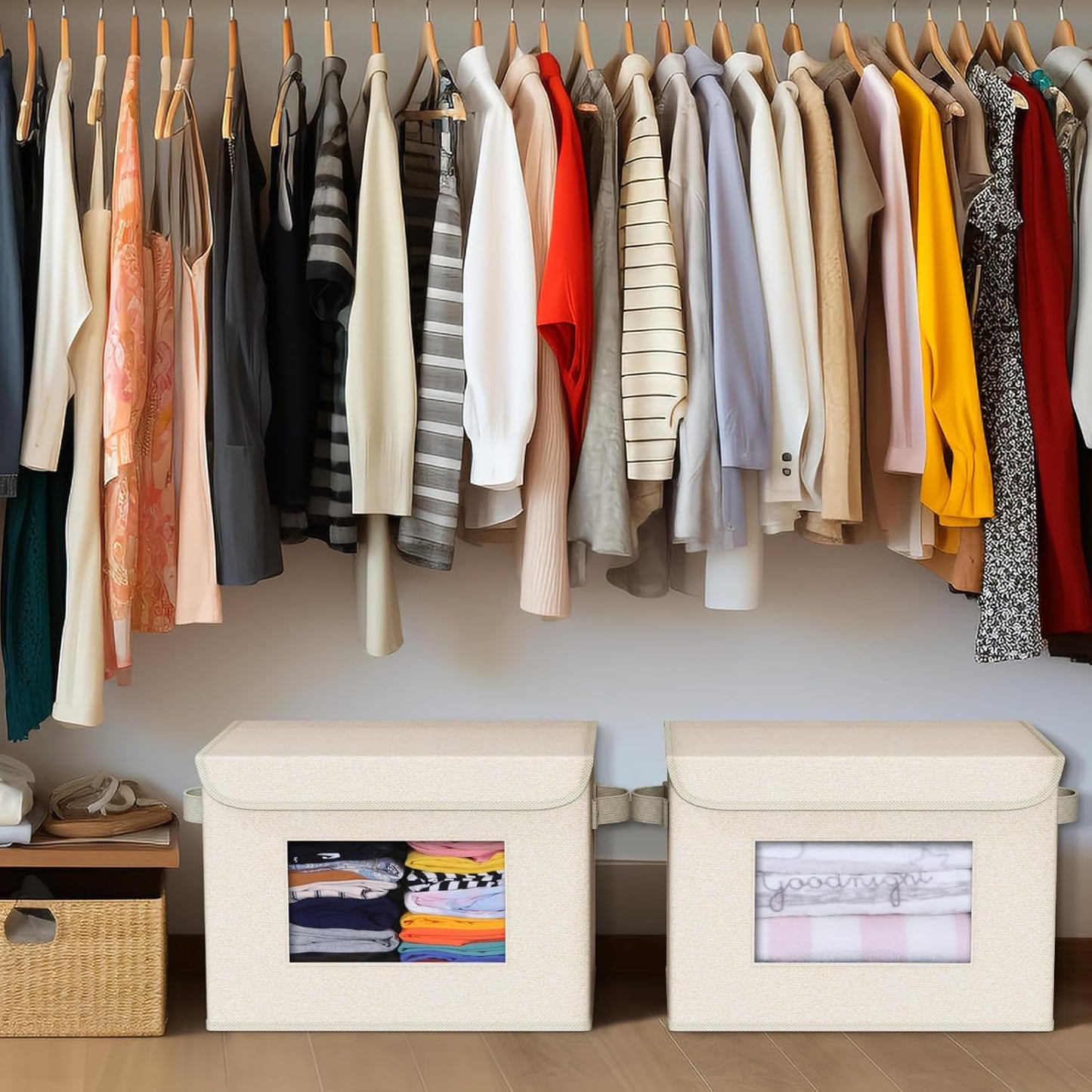 Univivi Collapsible Stackable Storage Bins with Lids [4-Pack] Foldable Fabric Closet Organizer Basket, Closet Organizers and Storage Cube Storage Bin for Home, Office, Bedroom (Beige, 17“ x 12” x 12")