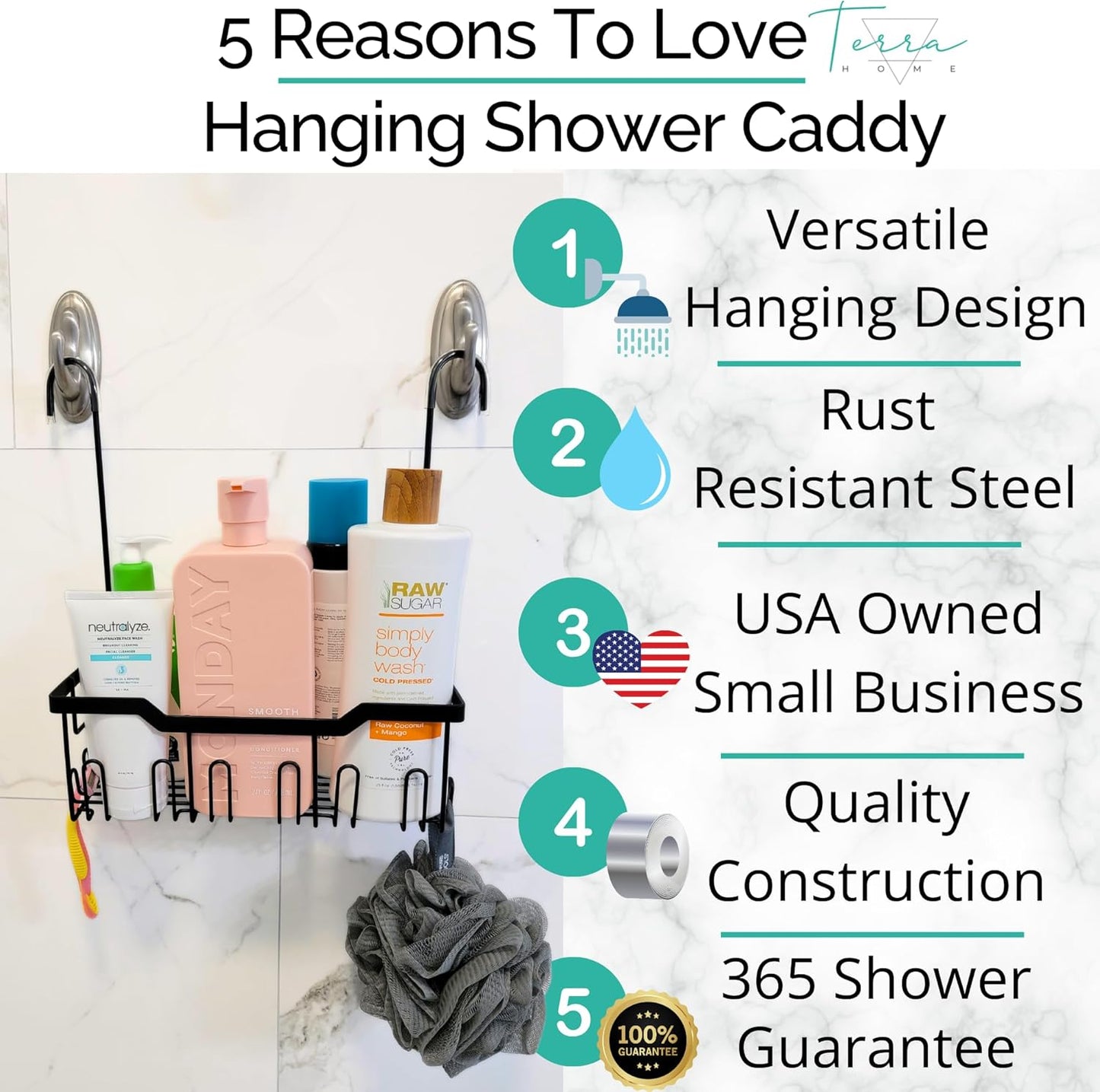 Heavy-Duty Black Hanging Shower Caddy with Rotatable Hooks and Adhesives - Rust-Proof 304 Stainless Steel - Bathroom Caddy for Organizing Your Shower Essentials