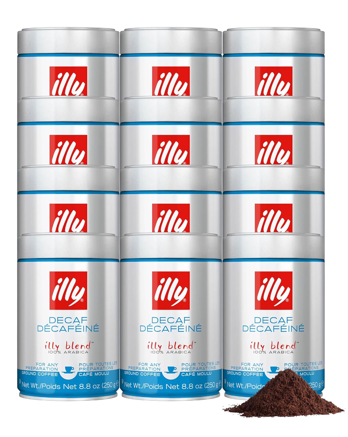 Illy Ground Espresso Coffee, Decaffeinated - Medium Roast - Mild & Balanced - 100% Arabica - Pre-Ground for Espresso - Pressurized Packaging Sealed for Freshness- 8.8oz (Pack of 12)