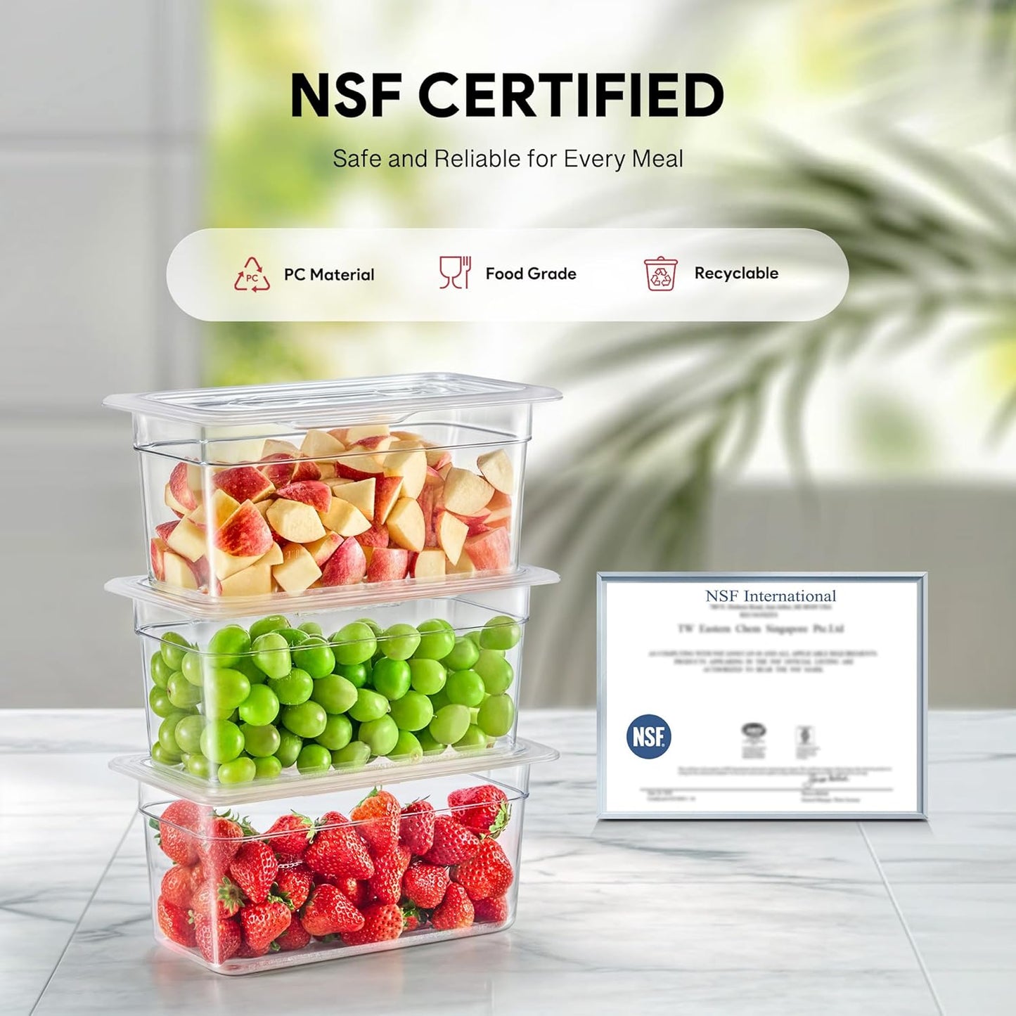 WILPREP 6 Pack Plastic Food Pans with Lids NSF Listed, 1/3 Size 4 in Deep Clear Food Storage Containers, 4.2 qt Stackable Polycarbonate Commercial Hotel for Fruits Vegetables Beans Corns