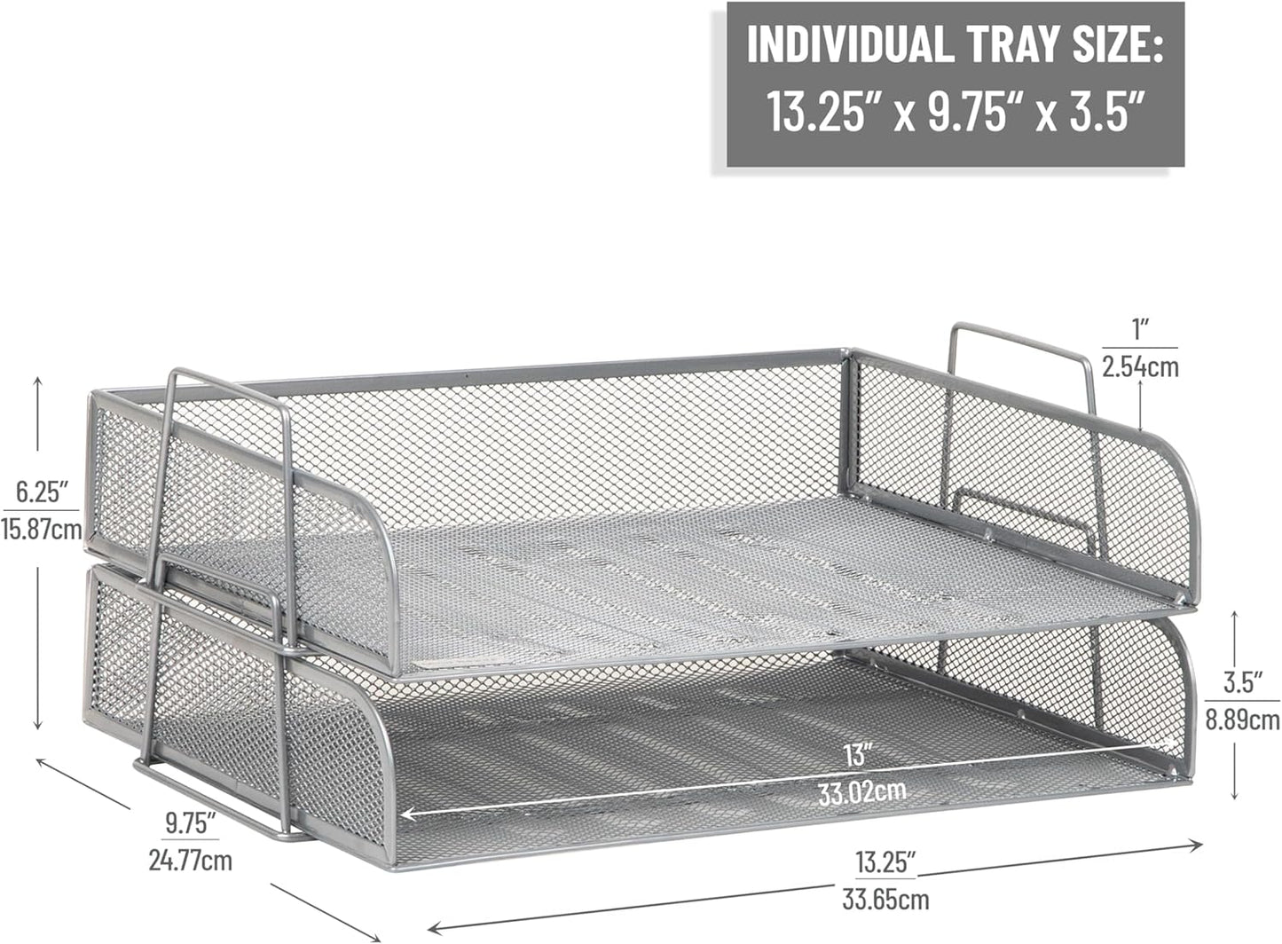 Mind Reader Stackable Paper Tray, Desktop Organizer, File Storage, Office, Metal Mesh, 13.25" L x 9.75" W x 6.25" H, 2 Pcs., Silver