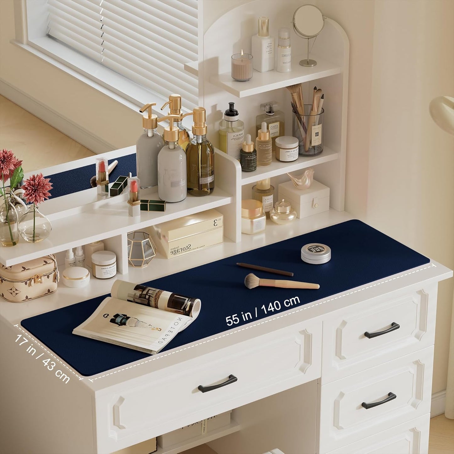 Aothia Leather Desk Pad Protector, Office Desk Mat, Large Mouse Pad, Laptop Desk Pad, Non-Slip PU Leather Desk Blotter, Waterproof Desk Writing Pad for Office and Home (Dark Blue, 55" x 17")