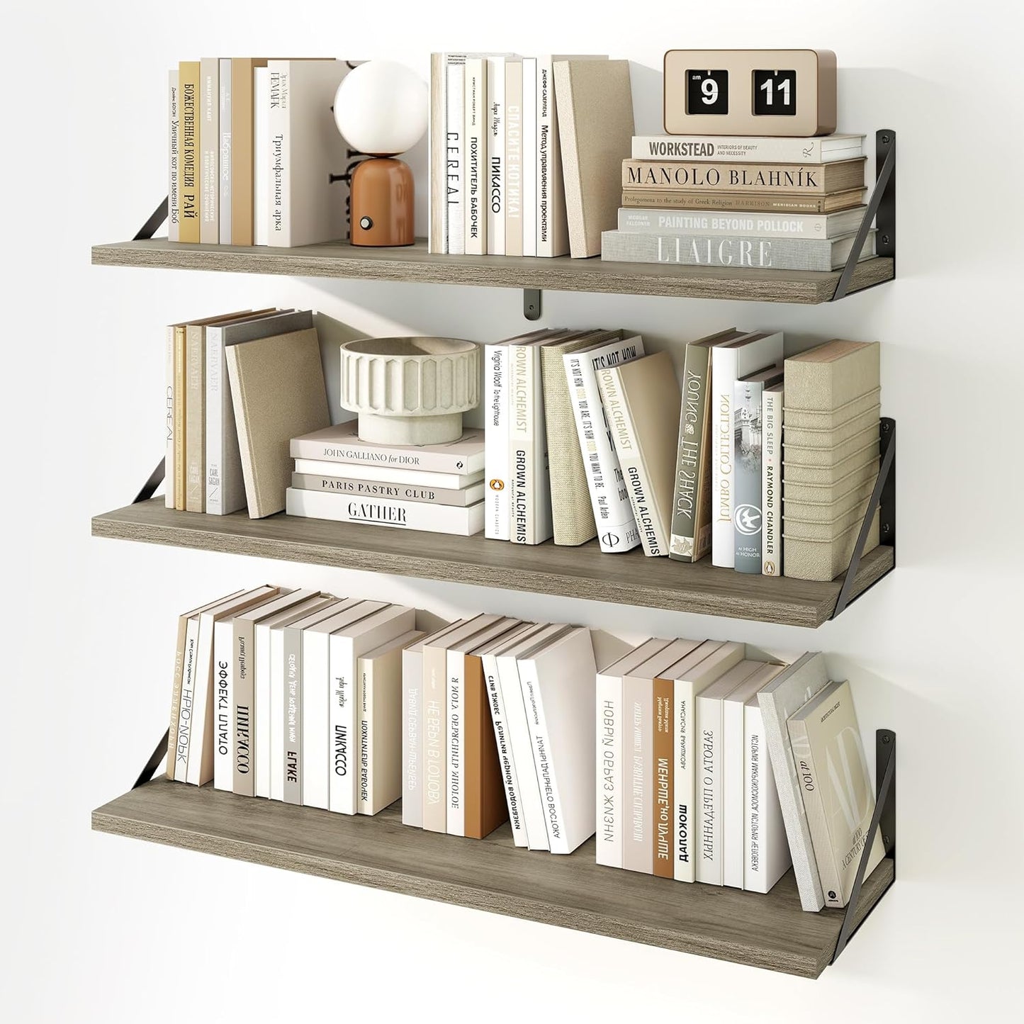 Fun Memories Floating Shelves, 32 x 8 Inches, Set of 3 Wall-Mounted Bookshelves with Metal Brackets, Decorative Storage for Home and Office (Grey)