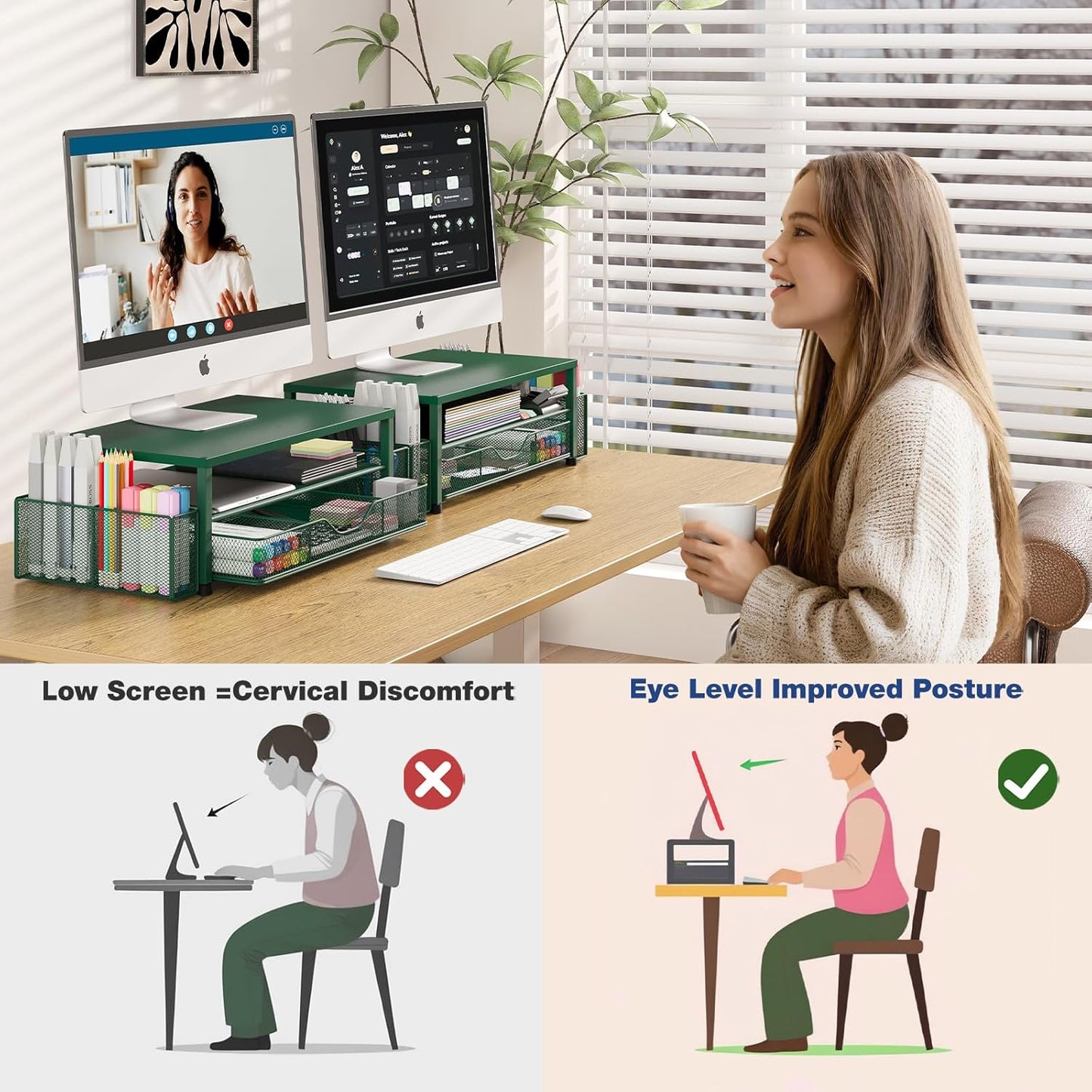 Desk Organizers and Accessories, 2-Tier Computer Monitor Stand Riser with Drawer and 2 Pen Holders, Laptop Stand, Office Desk Accessories for Office Supplies, Dark Green