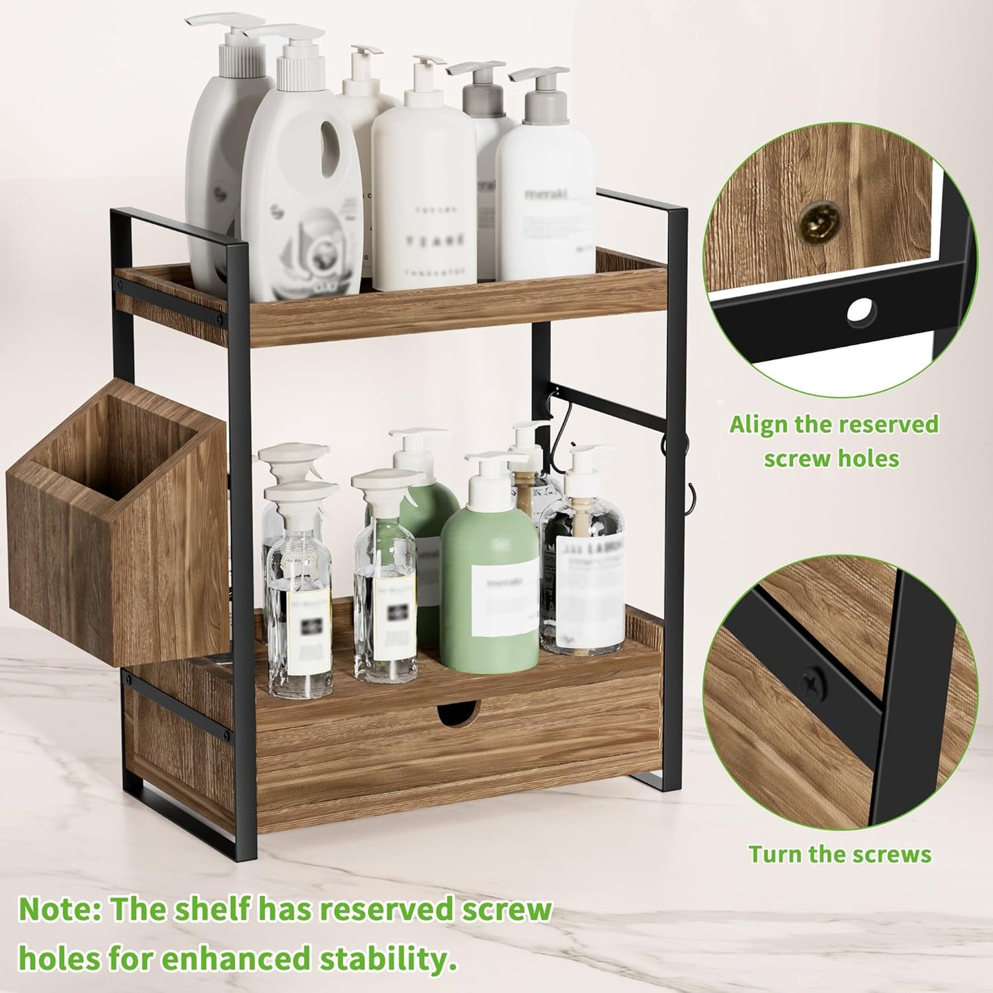 2-Tier Bathroom Counter Organizer with Drawer and Basket, Wood Countertop Organizer for Storage, Skincare Organizers for Vanity, Counter Shelf for Bathroom Organization(Dark Brown)