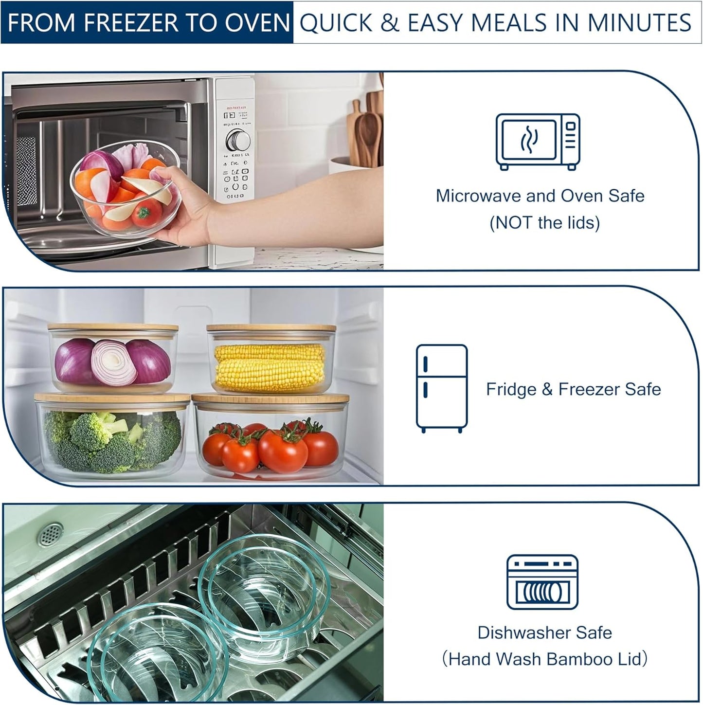 DE Glass Food Storage Containers with Bamboo Lids – 4 Pack Round (2x33oz + 2x60oz) – BPA-Free Borosilicate Glass Meal Prep Containers – Plastic-Free, Oven, Microwave, Freezer Safe