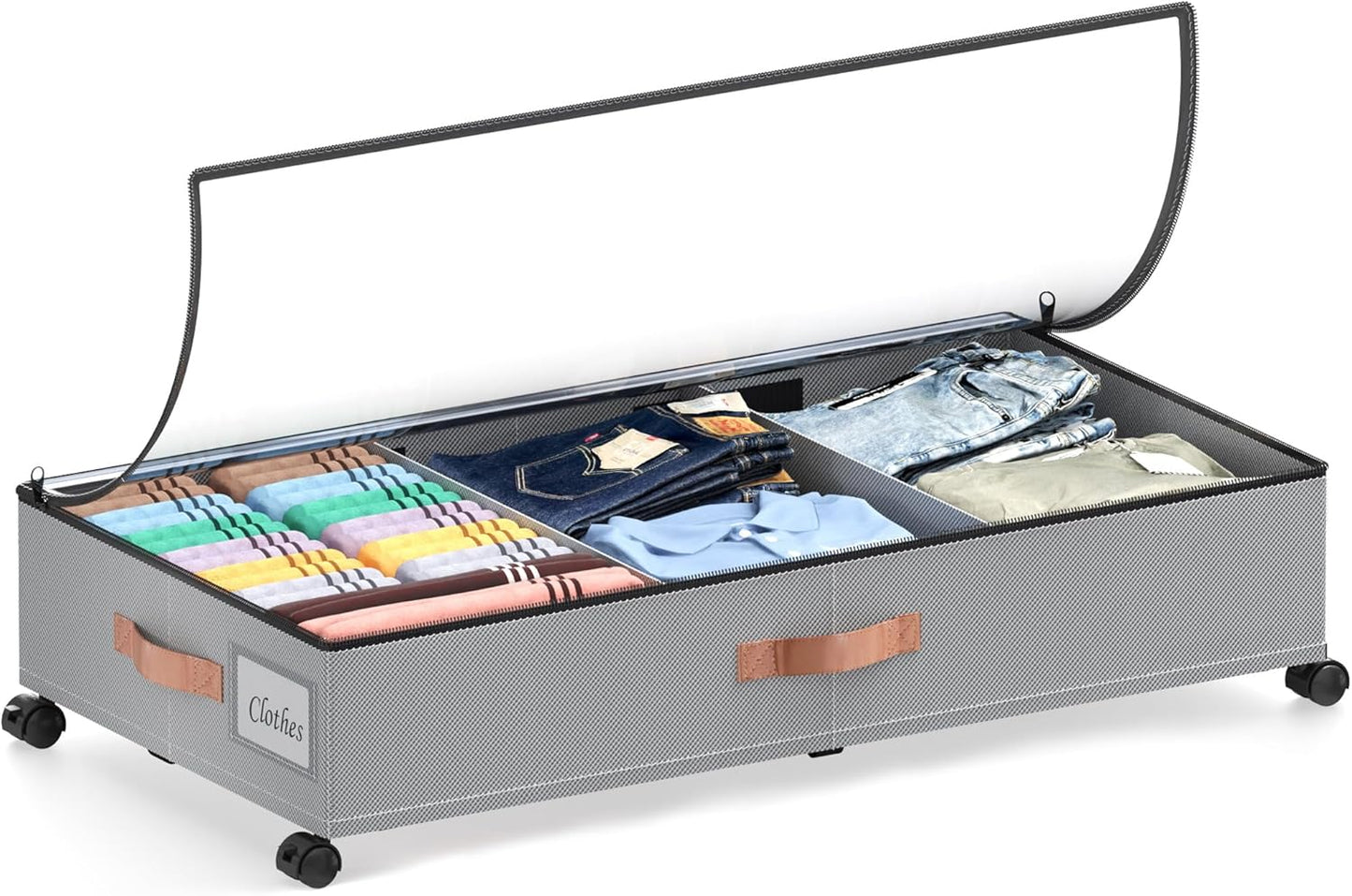 Under Bed Storage with Wheels, 1 Pack Under Bed Storage Container with Dividers & Clear Lids, Under the bed storage Organizer Bins,Underbed Storage with Wheels for Clothes,Toys,Shoes (GREY, 1 Pack)