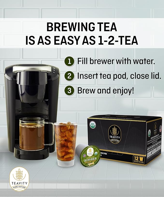 Green Tea & Ginger Tea Pods for Keurig - Caffeinated, Organic, Dye Free, Unsweetened, Herbal Blend for K Cup Machines - Hot or Iced (12 Tea Pods)