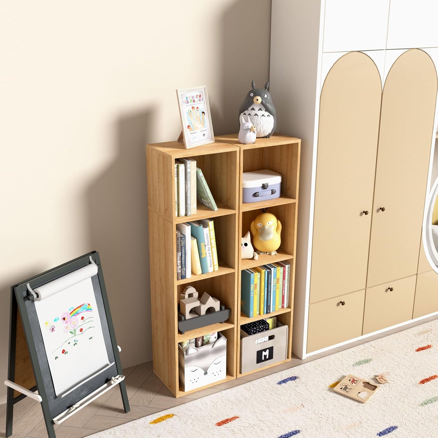 Wooden 4 Cube Storage Organizer, 4 Tier Storage Cubes Storage Display Cubby, 42 Inch Tall Versatile Cubes Shelf and Cubby Organizer for Any Space (Oak, 4 Cube-W(11.8inch)