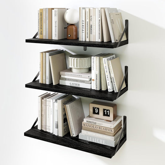Fun Memories Floating Bookshelves, Set of 3 Wall-Mounted Wood Shelves 24" W x 8" D, Decorative Wall Shelf for Living Room, Bedroom, Bathroom, and Laundry Room (Black)