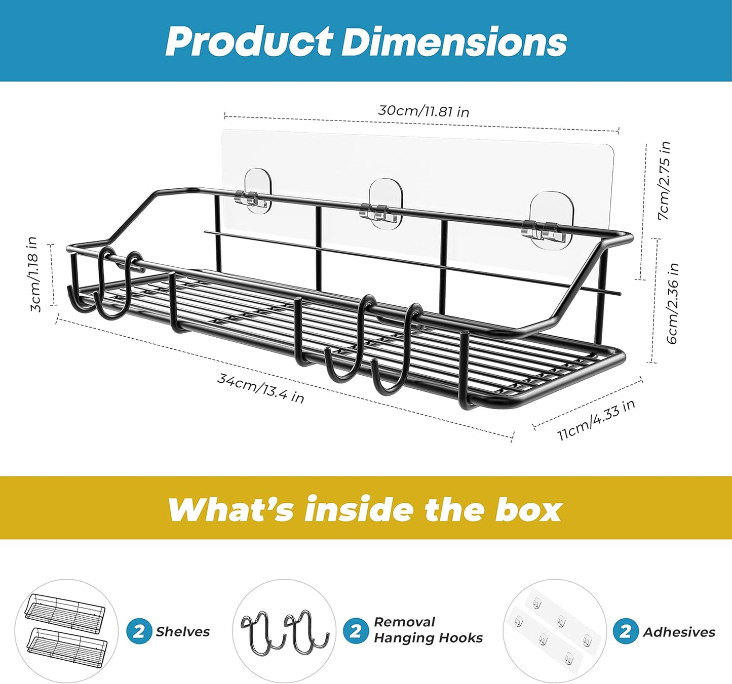 KESOL Adhesive Shower Caddy Shower Shelf Organizer with Hooks, SUS304 Stainless Steel, 2 Pack (Black)