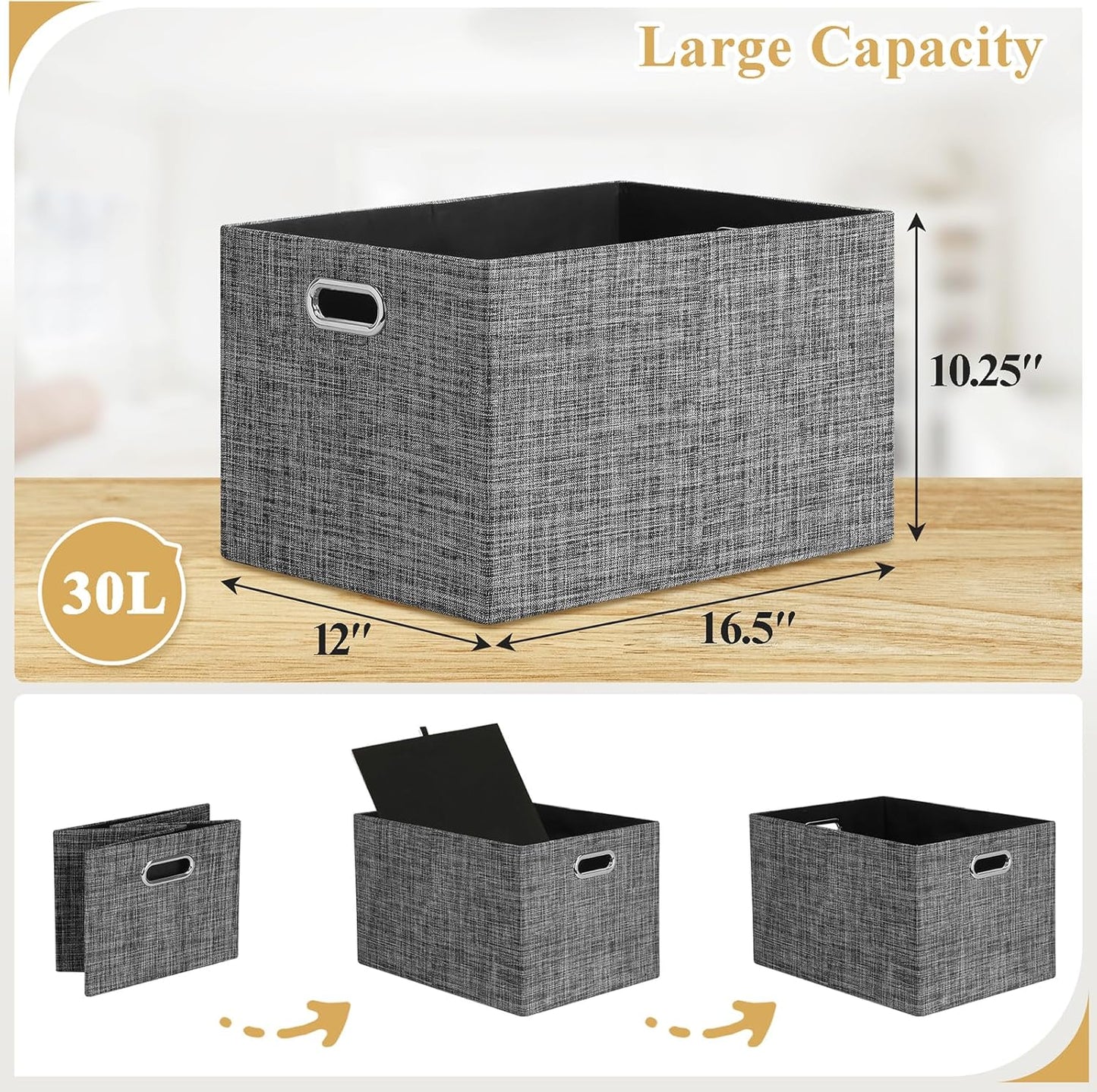 Posprica Closet Storage Bins, 4 Pack Large Closet Shelf Organizers, Linen Fabric Decorative Storage Baskets for Organizing, Foldable Storage Box for Clothes, Toy, 16.5x12x10.25 Inch (Black)