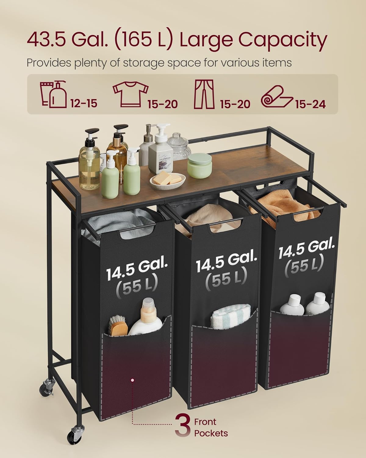 VASAGLE Laundry Sorter, 43.5 Gal. (165 L) Laundry Hamper Basket with 3 Compartments, Rolling Cart with Wheels, Shelf, Removable Bags, Pockets, Ink Black and Rustic Brown UBLH031B01