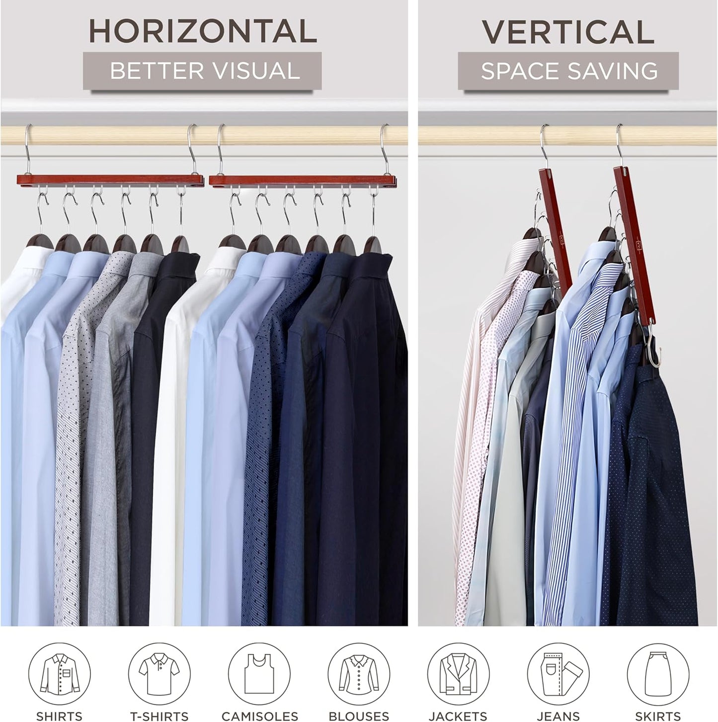 MORALVE Space Saving Hangers for Closet – 4 Pack European Beechwood 6-Tier Shirt Organizer with 360° Swivel Hook – Collapsible Clothes Hanger for Closet Organization (Hangers Not Included)