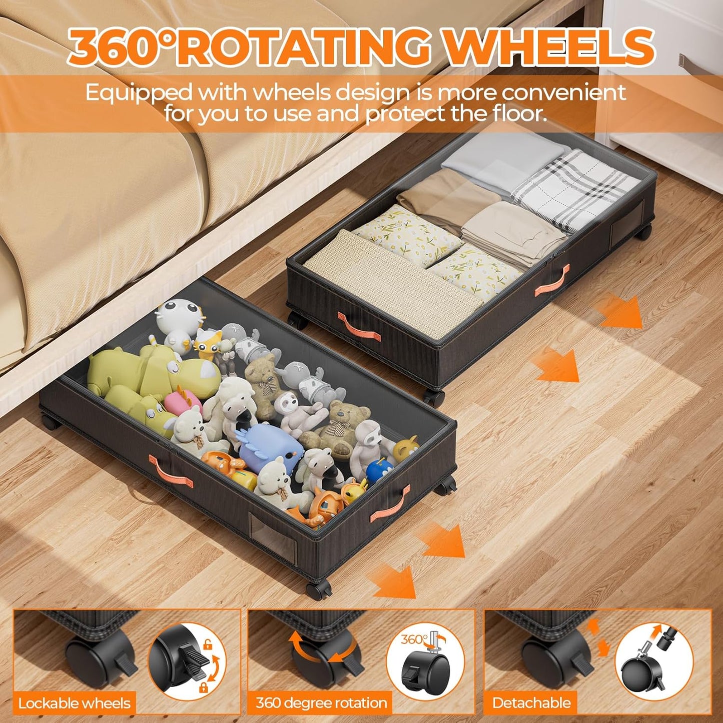 Under Bed Storage with Wheels,2-Pack Under Bed Storage Containers with Clear Lids,XXL Large Under the Bed Storage Organizer Bins With Handles,Space Saving Design for Clothes,Shoes,Books-Black