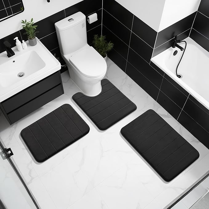 Yimobra Memory Foam Bath Mat, Super Soft Absorbent Bathroom Rug Non Slip, Quick Dry, Machine Washable Floor Carpet for Tub Shower, Home Decor Accessories, 24x17, Black