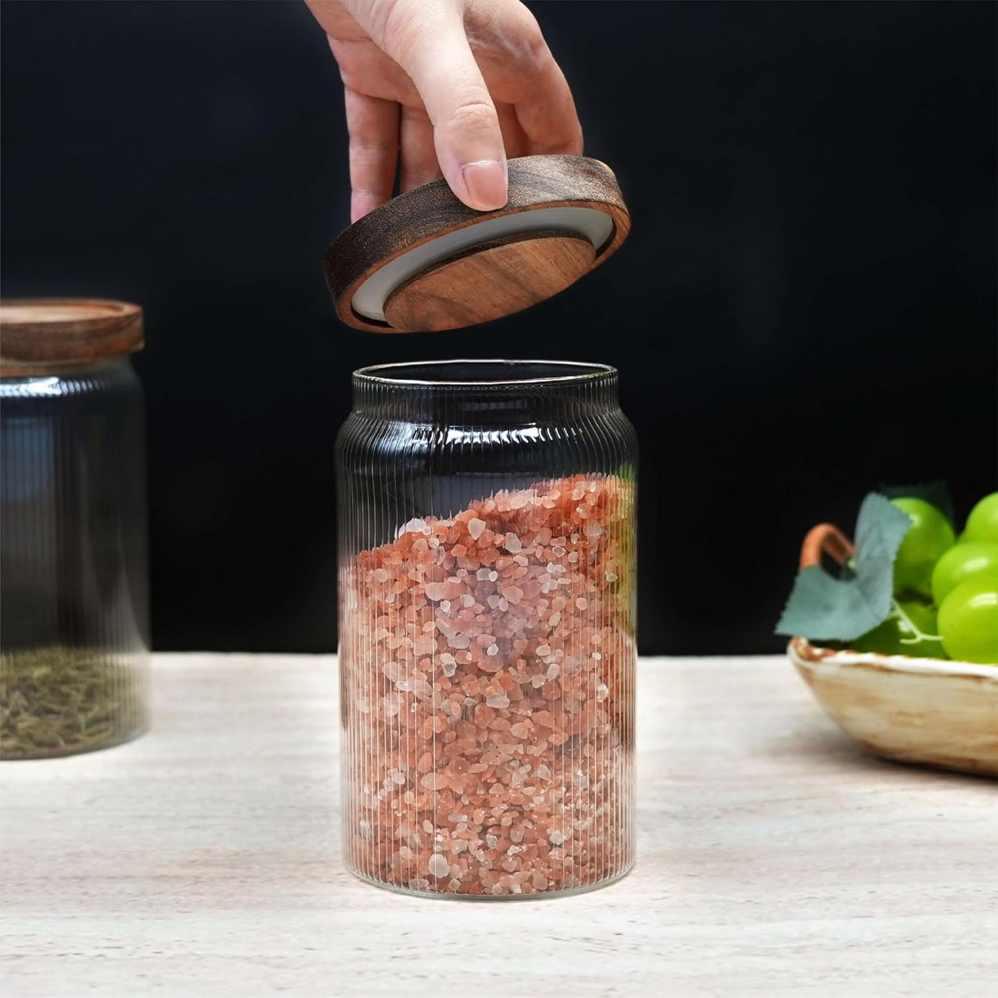 Ribbed Glass Storage Jars Set of 2 – Airtight Food Canisters with Wooden Lids, Stackable Kitchen Organizers for Coffee, Tea, Spices & Dry Goods (18.6oz)