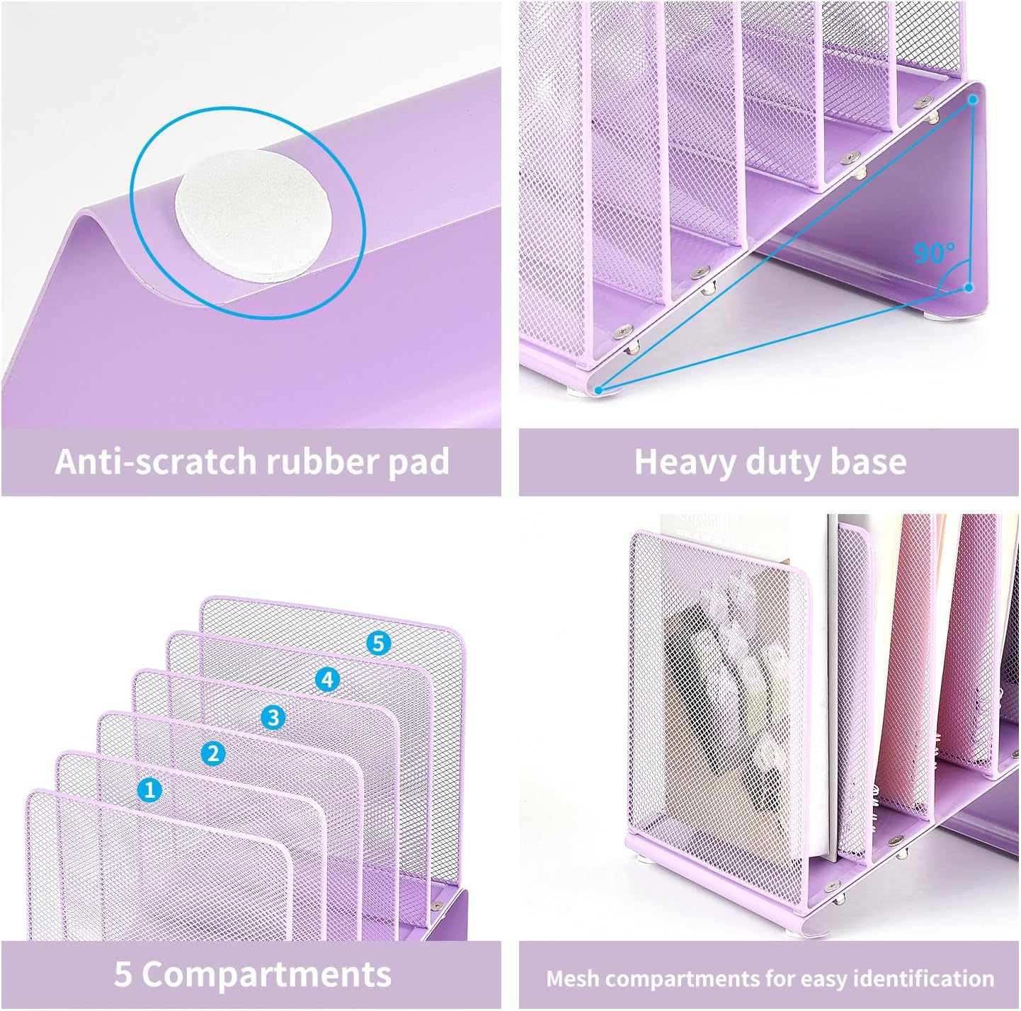 File Organizer for Desk, Desk Organizer with 5-Section Vertical File Rack, File Folder Organizer (Purple)