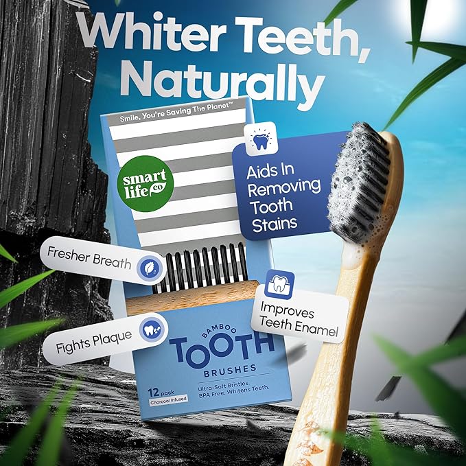 SmartLifeco Charcoal Bamboo Toothbrushes - Extra Soft Natural Bristles for Adults & Kids Teeth | Zero Waste Bulk Wooden Tooth Brush Travel Kit | BPA Free, Eco-Friendly, Vegan - (12 Pack)