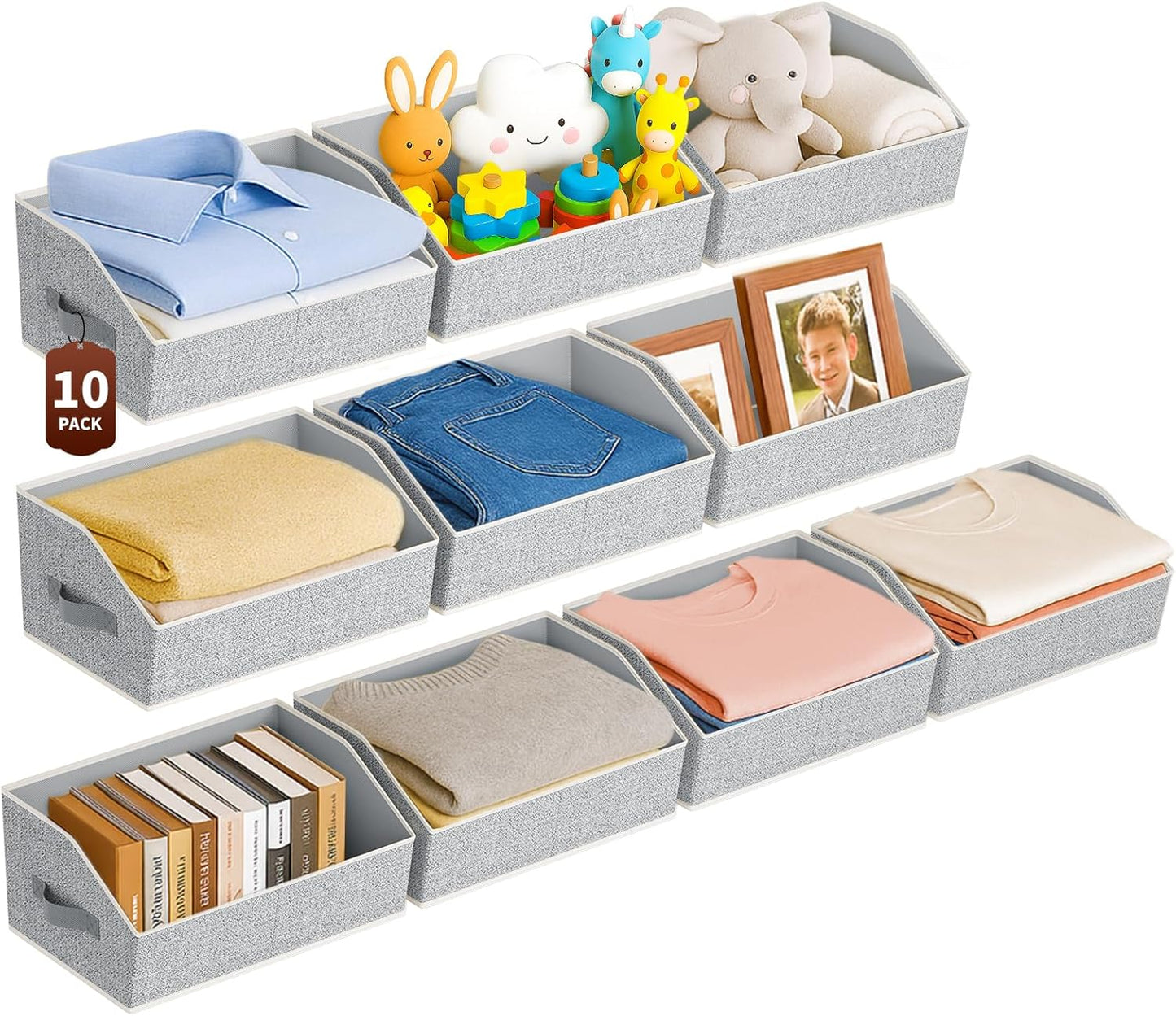 Large Closet Organizers and Storage Bins - 10 Pack Trapezoid Storage Baskets for Shelves, Foldable Fabric Baskets with Handles Ideal for Closet, Basket, Wardrobe and Shelf Storage, Beige