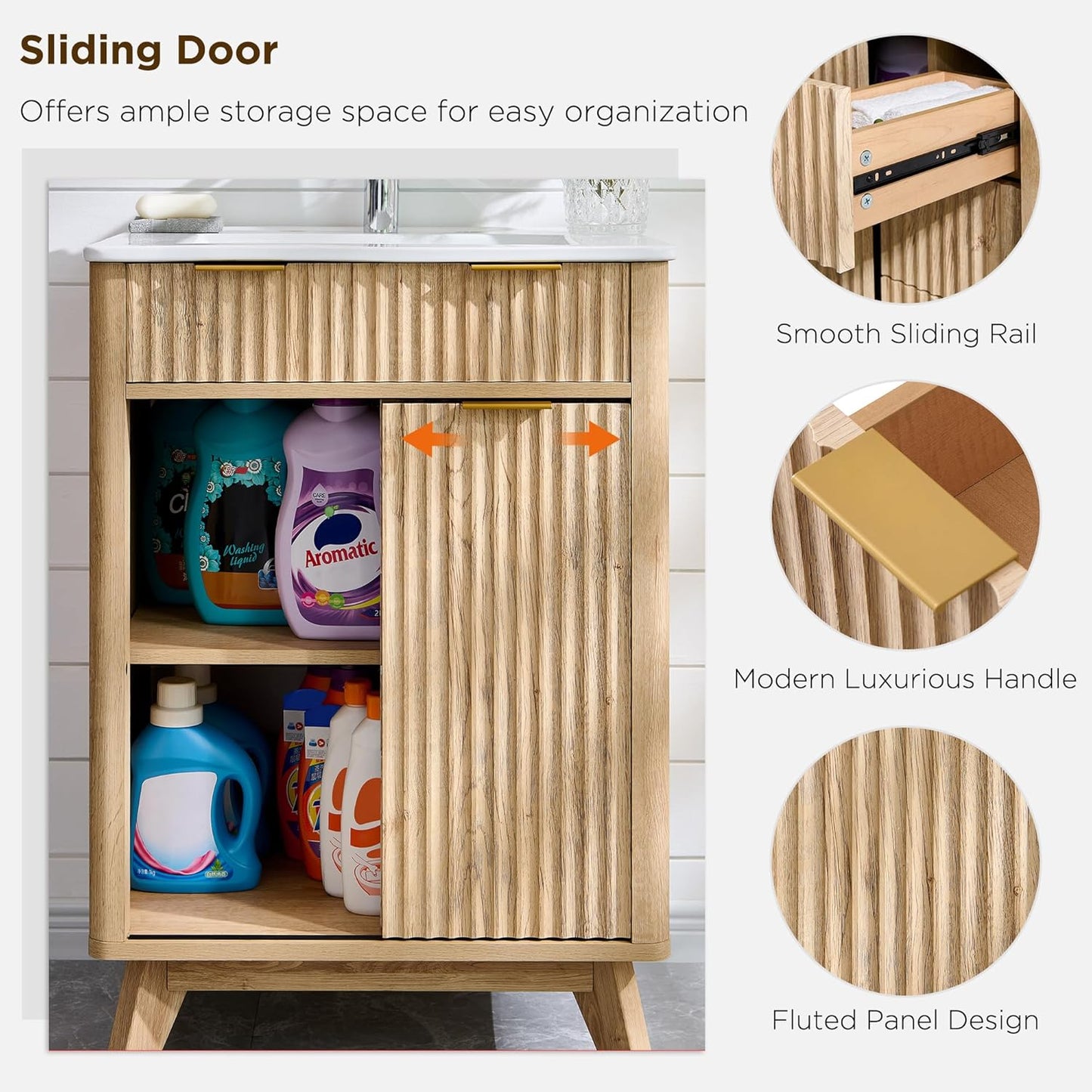 T4TREAM 24" Fluted Bathroom Vanity with Ceramic Sink Combo，Freestanding Small Modern Bathroom Storage Vanity Cabinet with Sliding Door & 3 Drawer，Wood Grain Texture，Metal Handle，Natural Oak