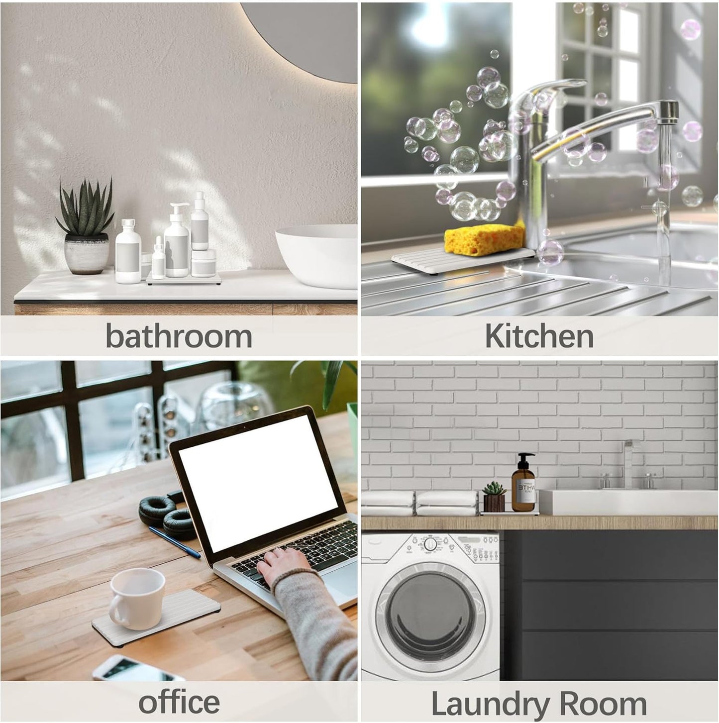 Set of 4 Bathroom Vanity Tray, Quick-Dry Diatomite Kitchen Tray with Non-Slip Pads | Water Absorbing Stone Used for Soap, Sponges, Cosmetics | Eco-Friendly Bath Sink Organizer