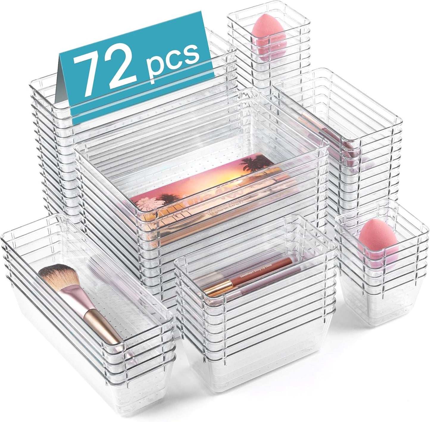 Vtopmart 72 PCS Clear Plastic Drawer Organizers Set, 4-Size Versatile Bathroom and Vanity Organizer Trays, Non-Slip Storage Containers for Makeup, Jewelries, Bedroom，Kitchen Utensils and Office