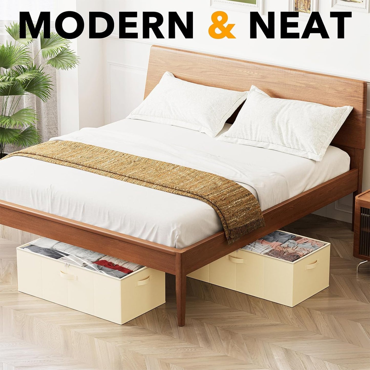 SpaceAid 2 Pack 10" High Under Bed Storage Containers, Large Underbed Storage Organizer Bins with Lids for Bedroom, Dorm, Clothes, Closet Organization, Bed Sheets and Blankets (Beige)