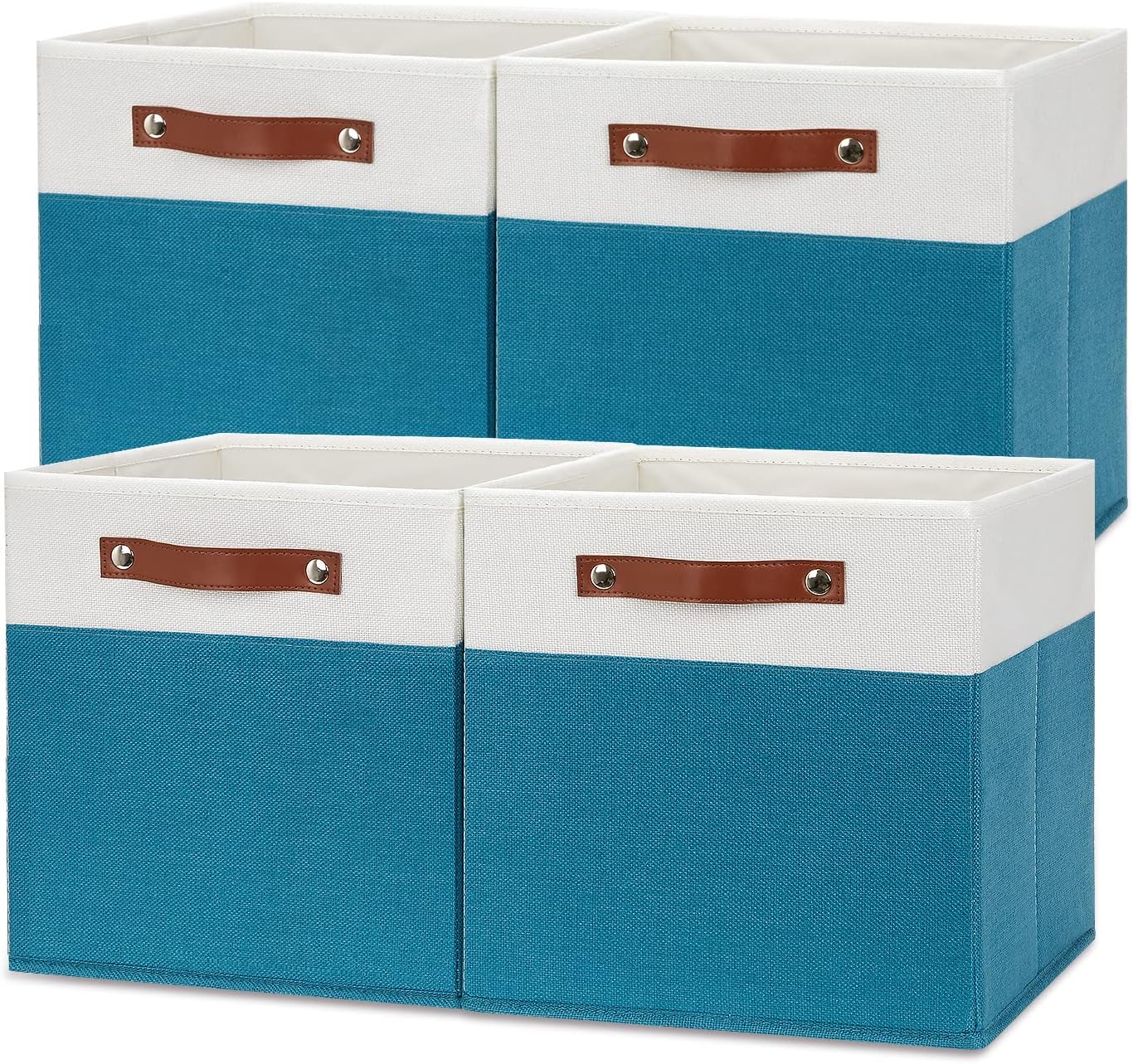 Temary Fabric Storage Bins - 12x12 Cube Baskets for Shelves & Closet with Leather Handles (White & Teal)