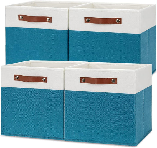 Temary Fabric Storage Bins - 12x12 Cube Baskets for Shelves & Closet with Leather Handles (White & Teal)