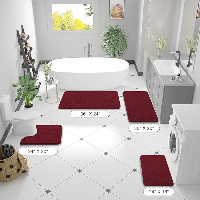 OLANLY Toilet Rugs U-Shaped 24x20, Extra Soft Absorbent Chenille Contour Bathroom Rugs for Toilet, Dry Quickly, Machine Washable, Non-Slip Bath Mat, Burgundy