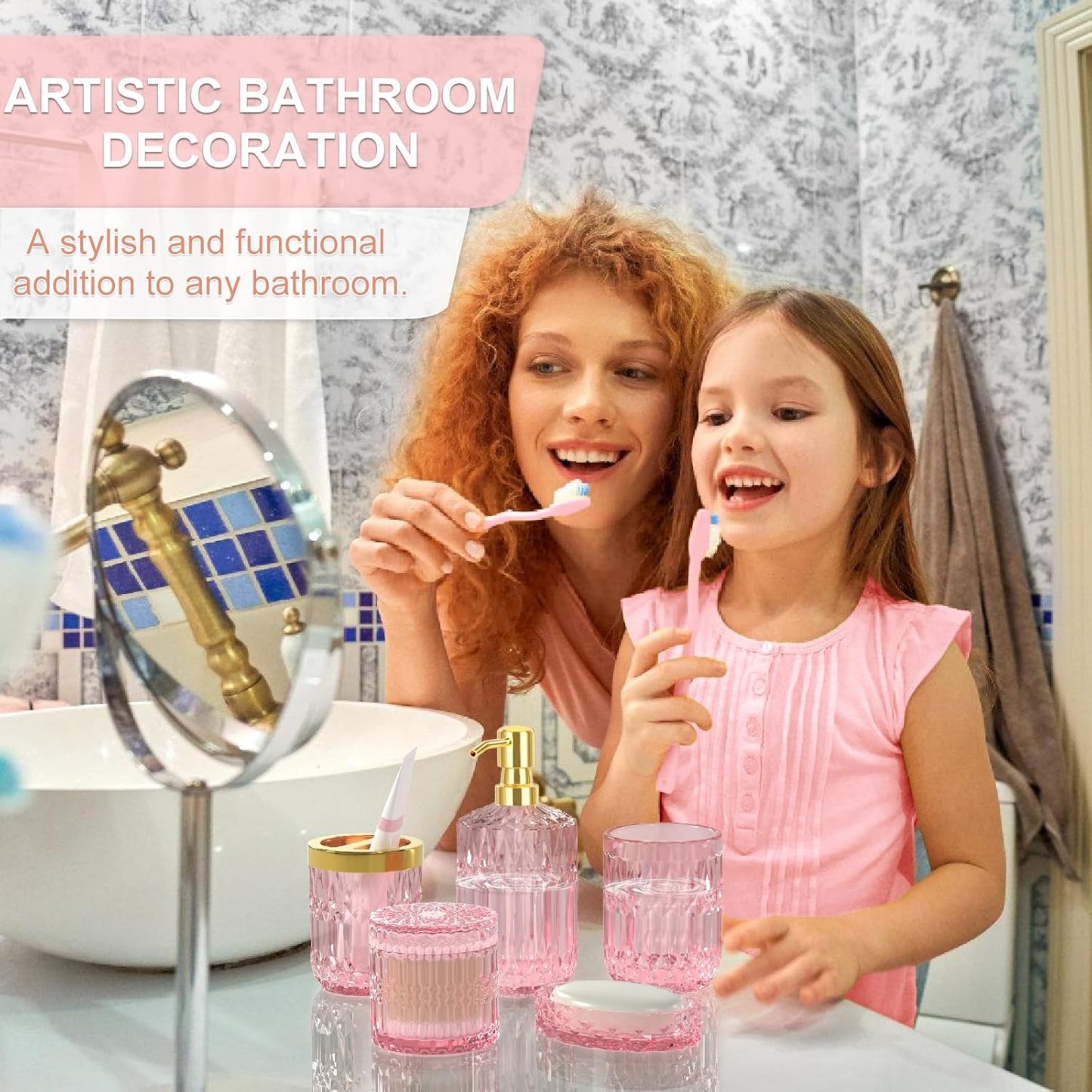 Pink Bathroom Accessories Set, 5Pcs Clear Glass Pink Bathroom Decor with Lotion Soap Dispenser, Soap Dish, Tumbler, Cotton Swab Jar, Toothbrush Holder for Bathrooms Set Modern Crystal Vintage Gift