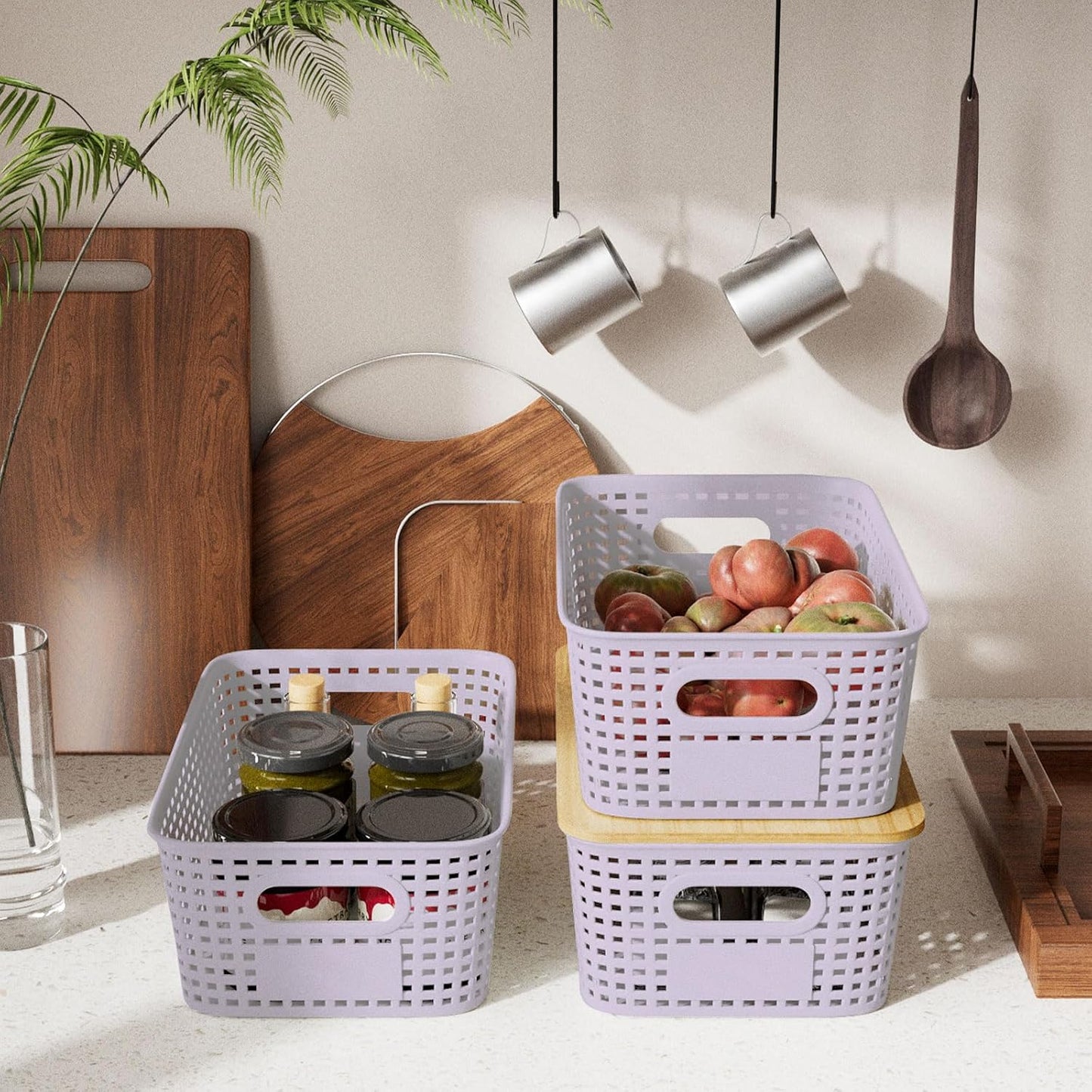 Small Storage Bins with Bamboo Lid, Plastic Storage Box with Lid, 5QT Stackable Organizing Basket with Lable,Storage Container for Classroom, Office, Closet, Shelf Organization, 10x7x4 In-Purple-6 Pcs