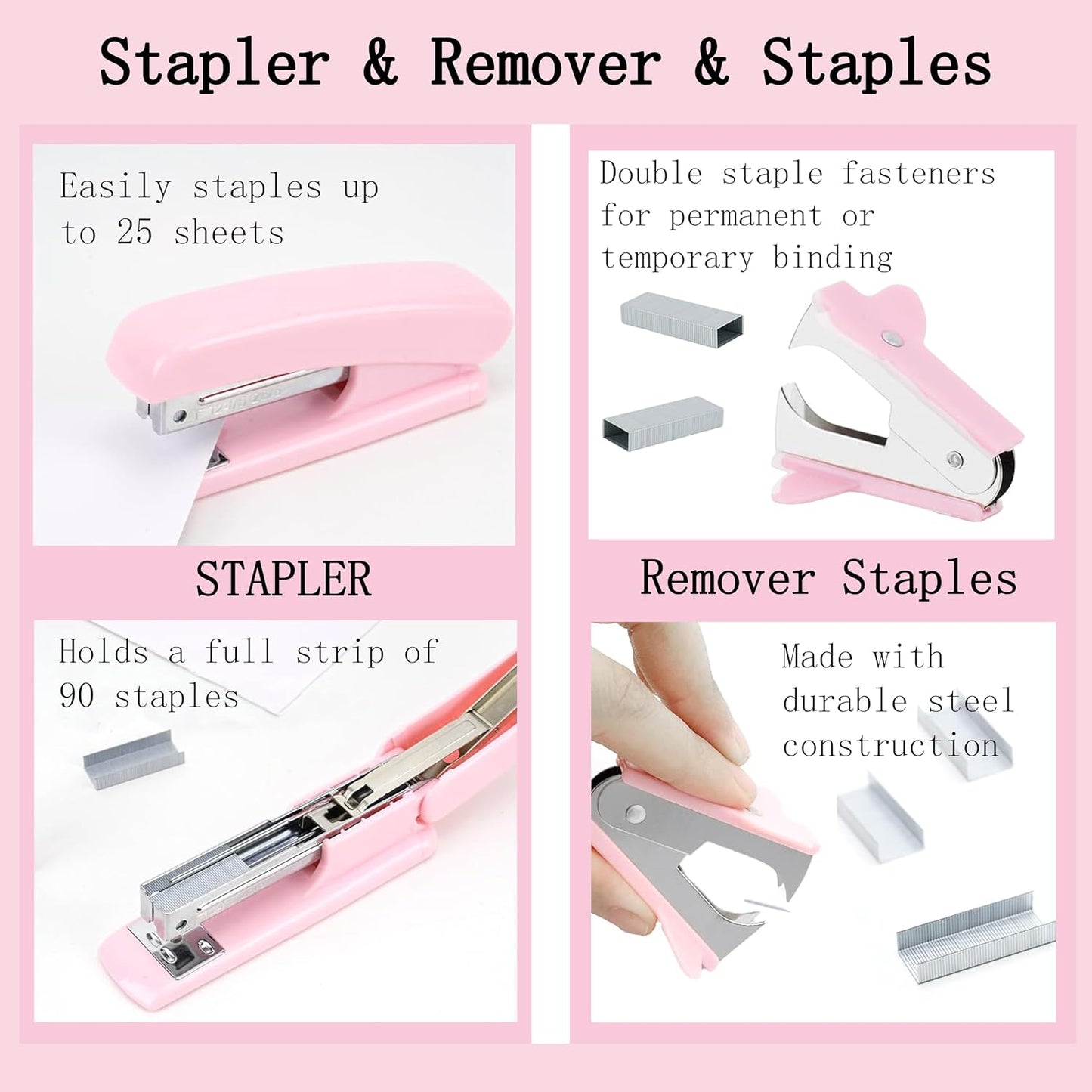 Pink Desk Accessories, Pink Office Supplies 360°Pen Holder Desk Organizers And Accessories with Tape Dispenser, Stapler, Staple Remover, 1000 Staples, Tape, Clips Set, Ruler, Scissor, Pen
