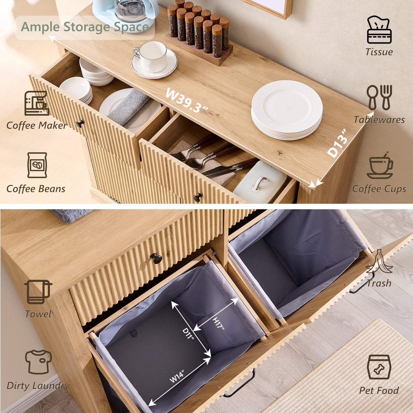 Modern Double Tilt-Out Laundry Hamper Cabinet, 20 Gallon Fluted Trash Can Cabinet with 2 Drawers, Wooden Hidden Garbage Can Cabinets with Laundry Basket, for Bathroom and Kitchen, Natural Oak