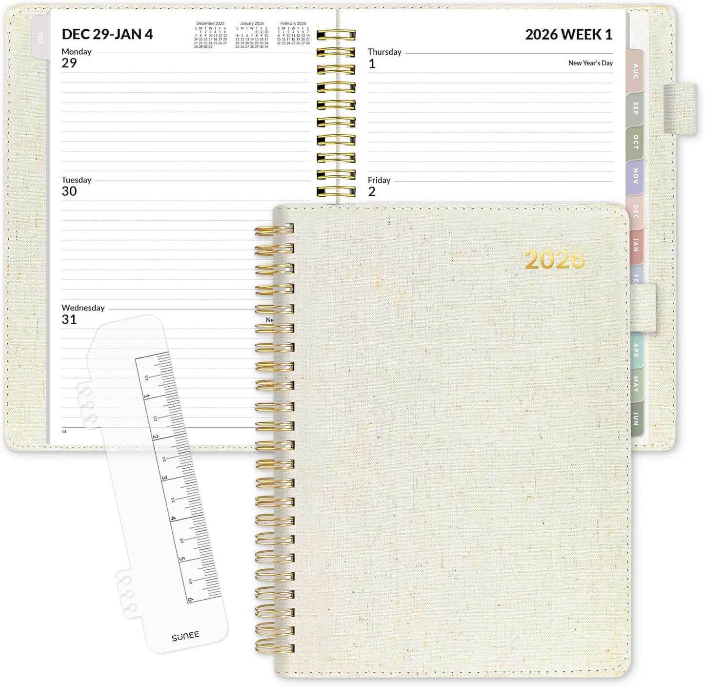 SUNEE 2026 Weekly & Monthly Planner 6.4"x8.5"- 12 Month (January 2026 - December 2026), Vegan Leather Cover, Pocket, Bookmark, Notes, Monthly Tab, Beige