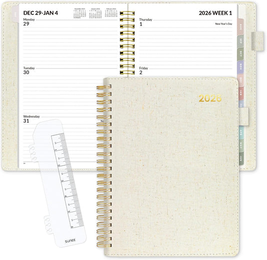 SUNEE 2026 Weekly & Monthly Planner 6.4"x8.5"- 12 Month (January 2026 - December 2026), Vegan Leather Cover, Pocket, Bookmark, Notes, Monthly Tab, Beige