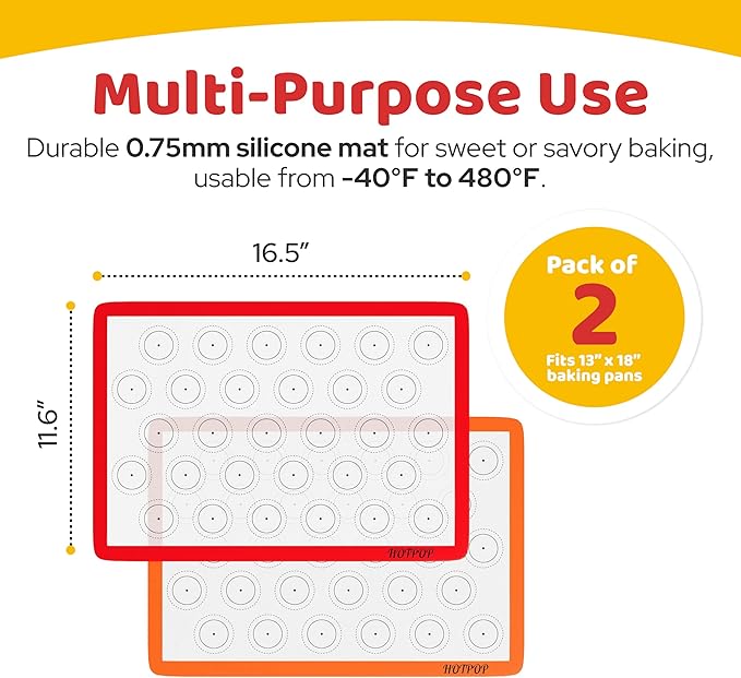 HOTPOP 2-Pack Silicone Baking Sheet Set - No-Stick Cookie Sheets for Baking with Outlined Silicone Mats for Macarons, Pastries, Buns, Bread - 16.5"x11.6" Half, 11.5"x8.5" Quarter Sizes - 0.75mm Thick