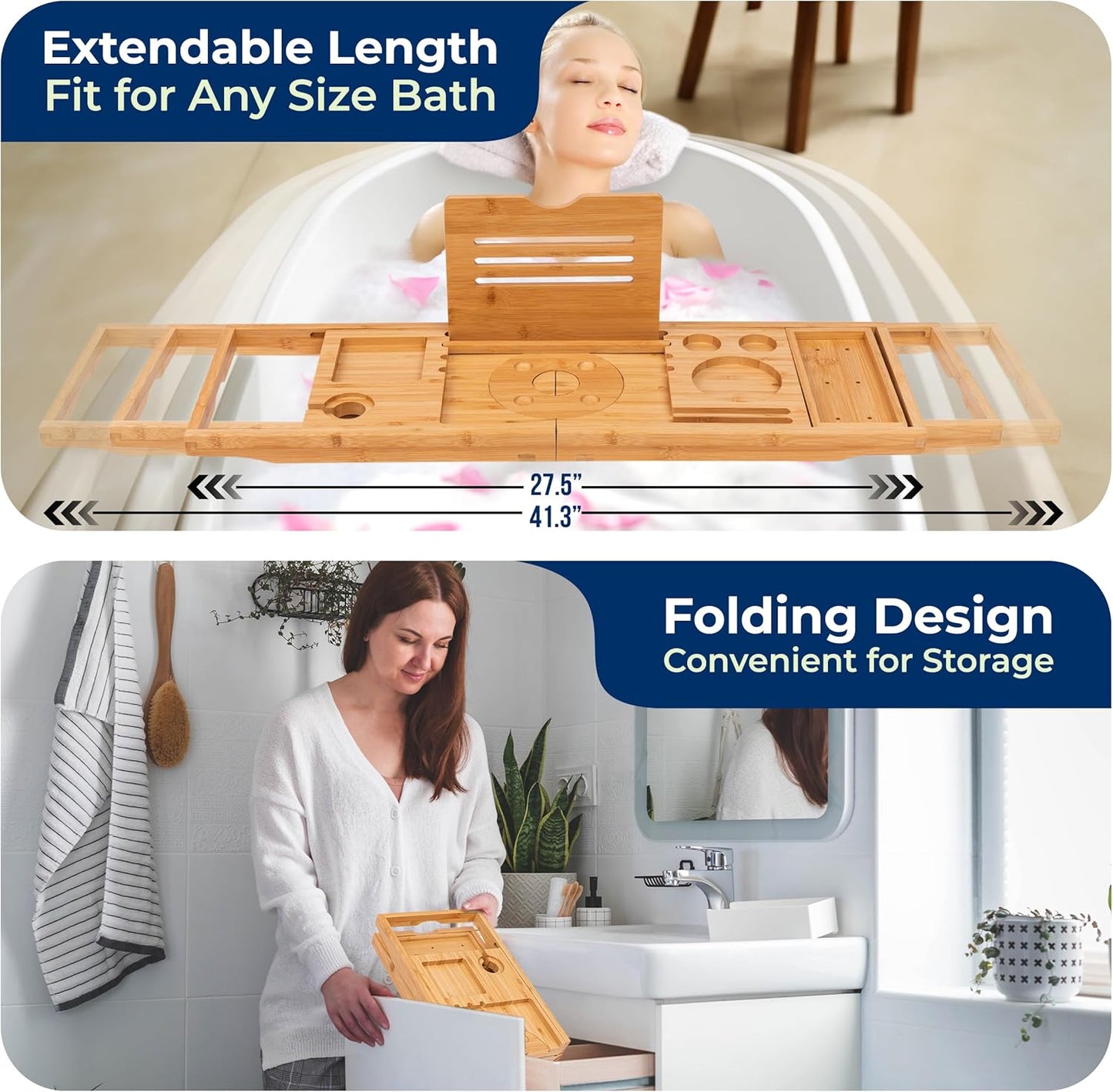 SereneLife Bathtub Tray - Expandable Bath Tray for Tub, Foldable Adjustable Bamboo Caddy with Non-Slip Handles, Device Holder and Wine Glass Slot for Bathing Luxury (Folding, Hard Back, Gift Set)